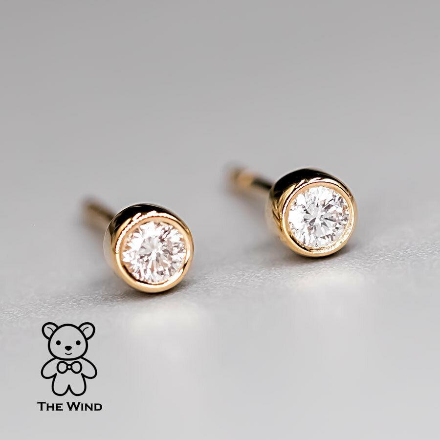 Women's or Men's Dainty Round Brilliant Natural Diamond Bezel Stud Earrings 18K Yellow Gold