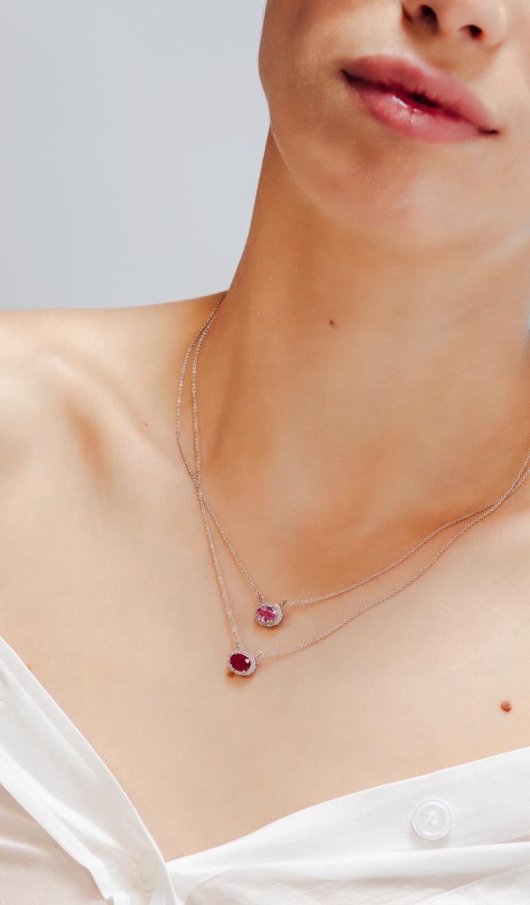Modern Oval Ruby with Diamond Halo Pendant Necklace in 14k Solid White Gold for Her