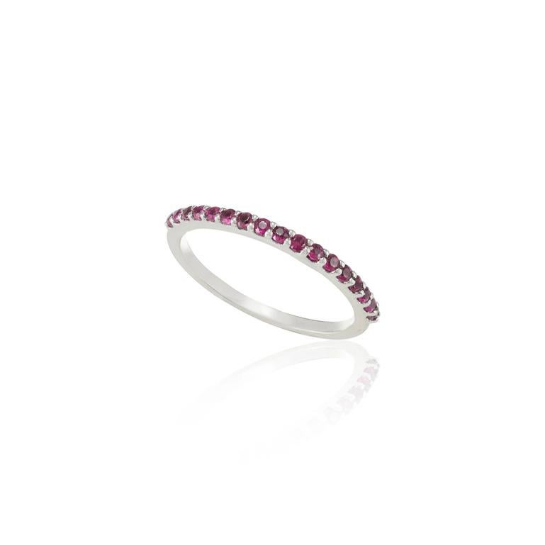 For Sale:  18 Karat Solid White Gold Thin Ruby Pave Stackable Band Ring 3