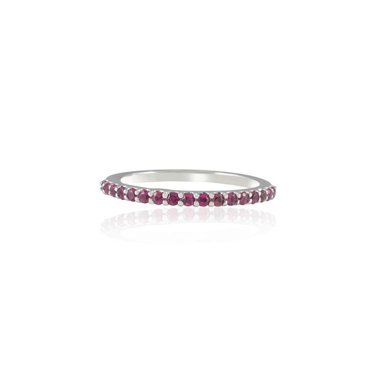 For Sale:  18 Karat Solid White Gold Thin Ruby Pave Stackable Band Ring 4