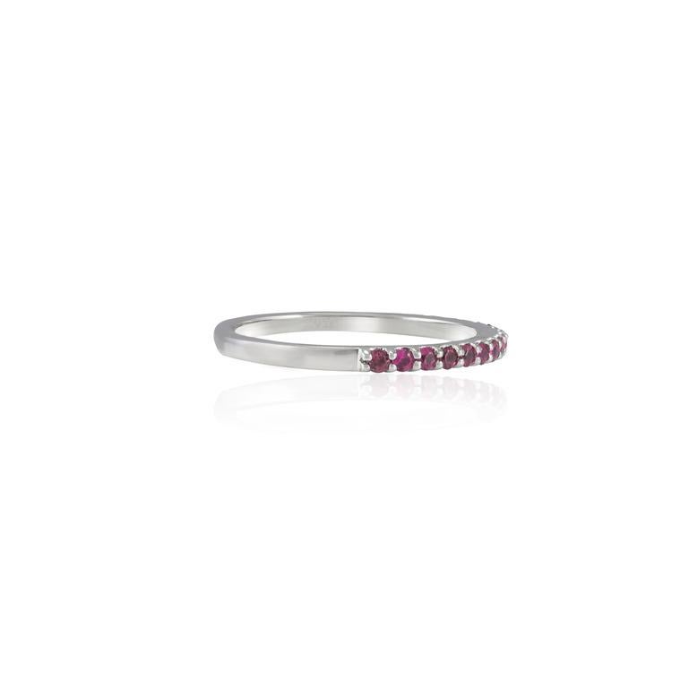 For Sale:  18 Karat Solid White Gold Thin Ruby Pave Stackable Band Ring 6