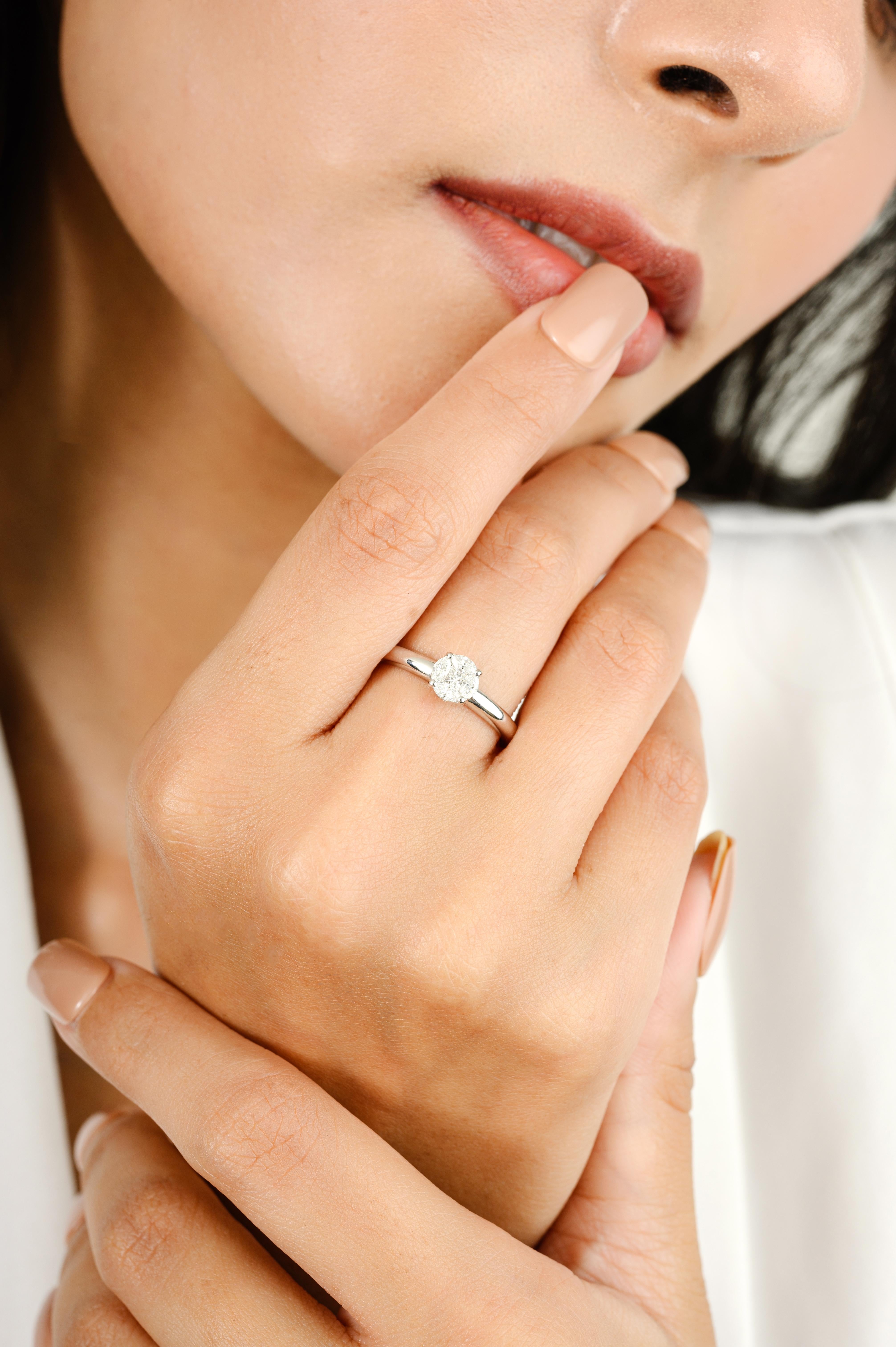 For Sale:  Dainty Round Diamond Cluster Engagement Ring in Solid 18k White Gold 2