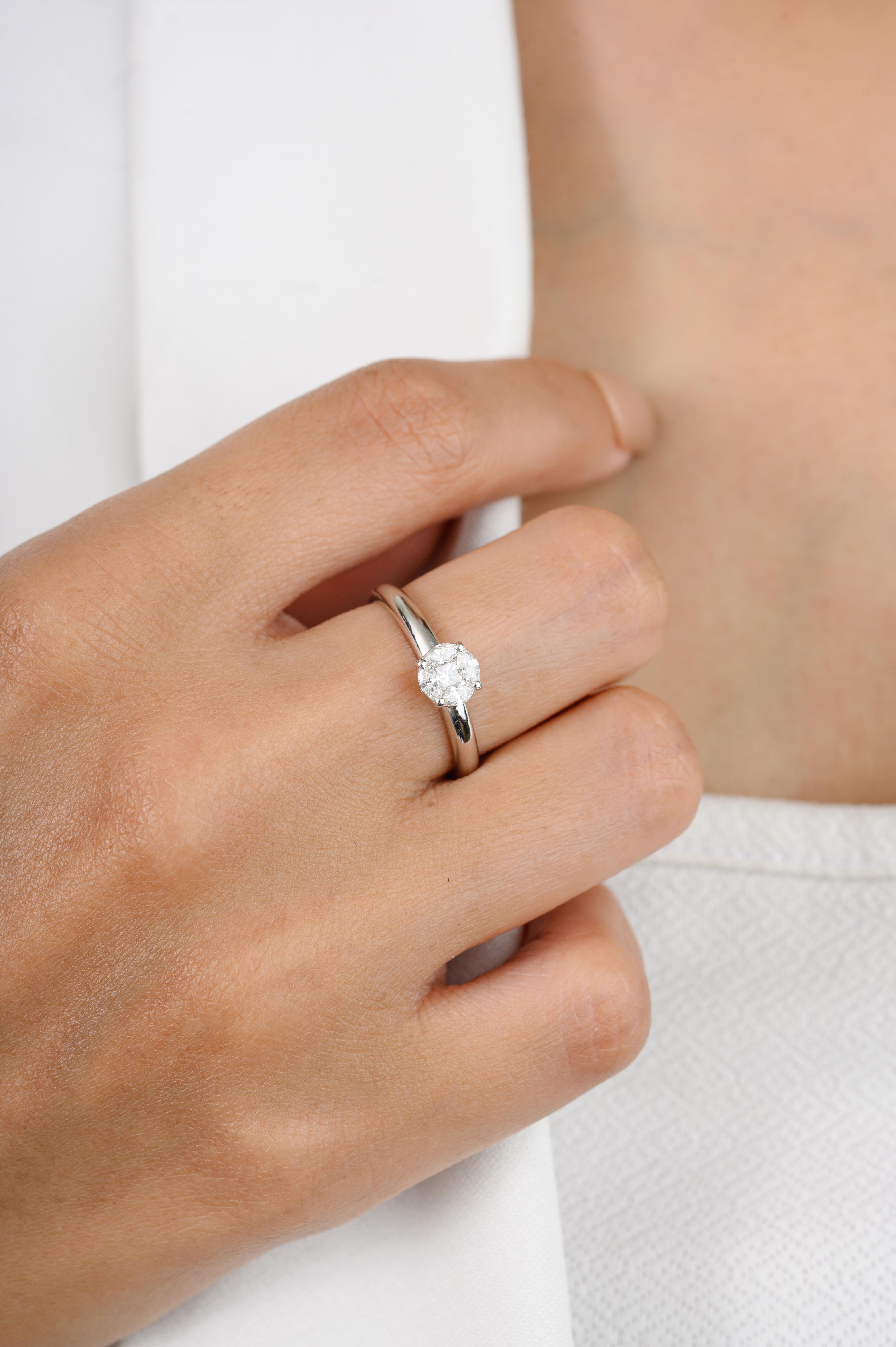 For Sale:  Dainty Round Diamond Cluster Engagement Ring in Solid 18k White Gold 4