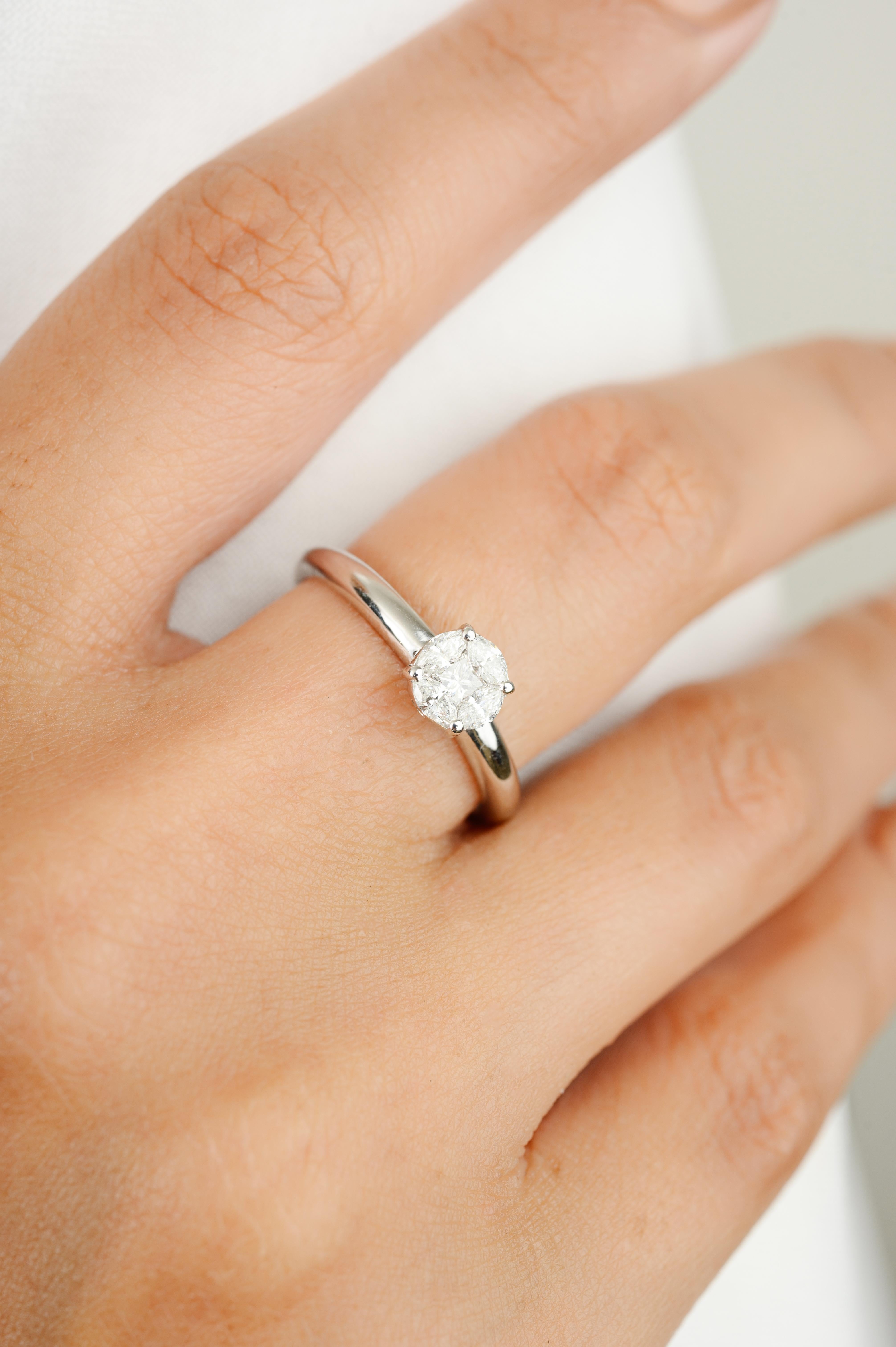 For Sale:  Dainty Round Diamond Cluster Engagement Ring in Solid 18k White Gold 6