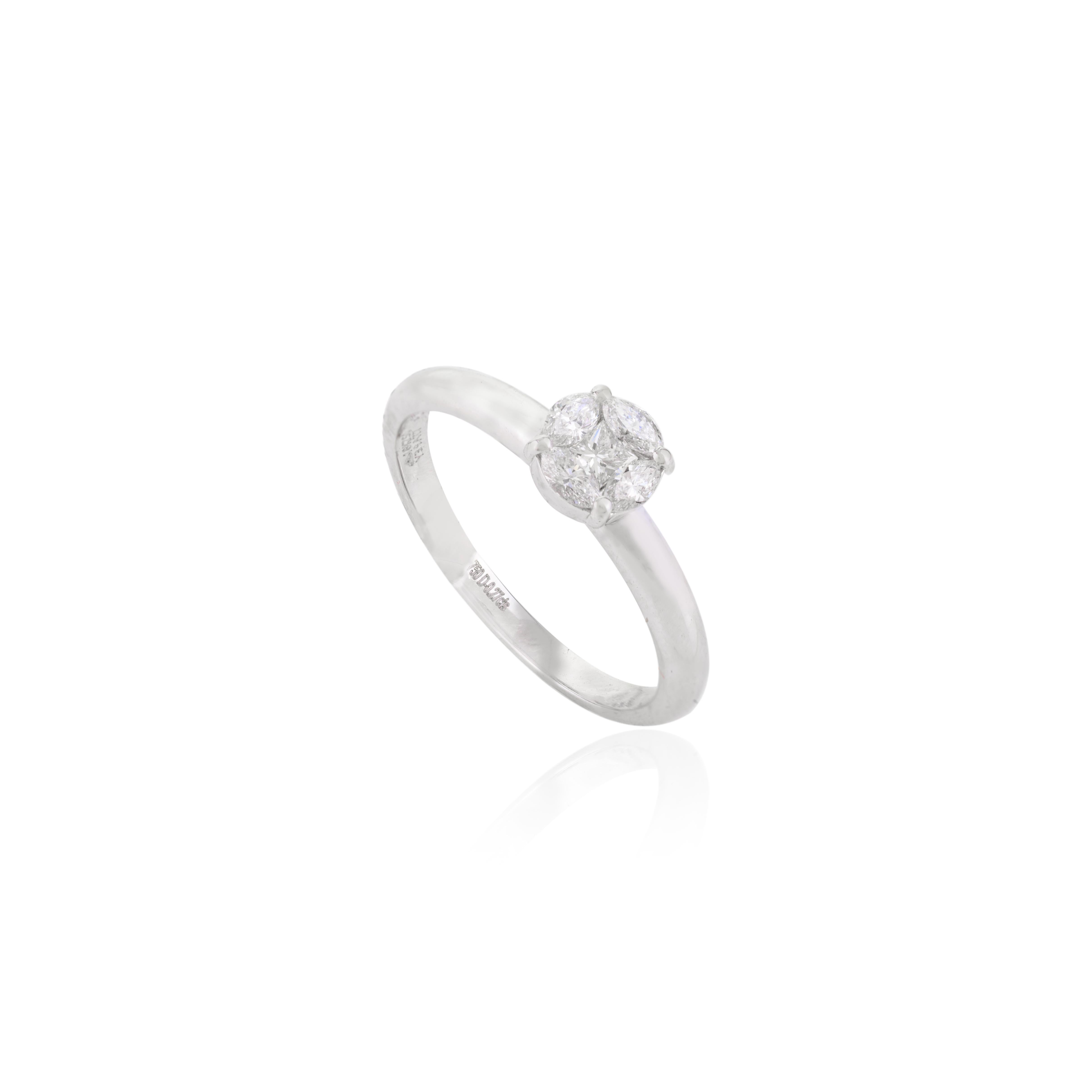 For Sale:  Dainty Round Diamond Cluster Engagement Ring in Solid 18k White Gold 7