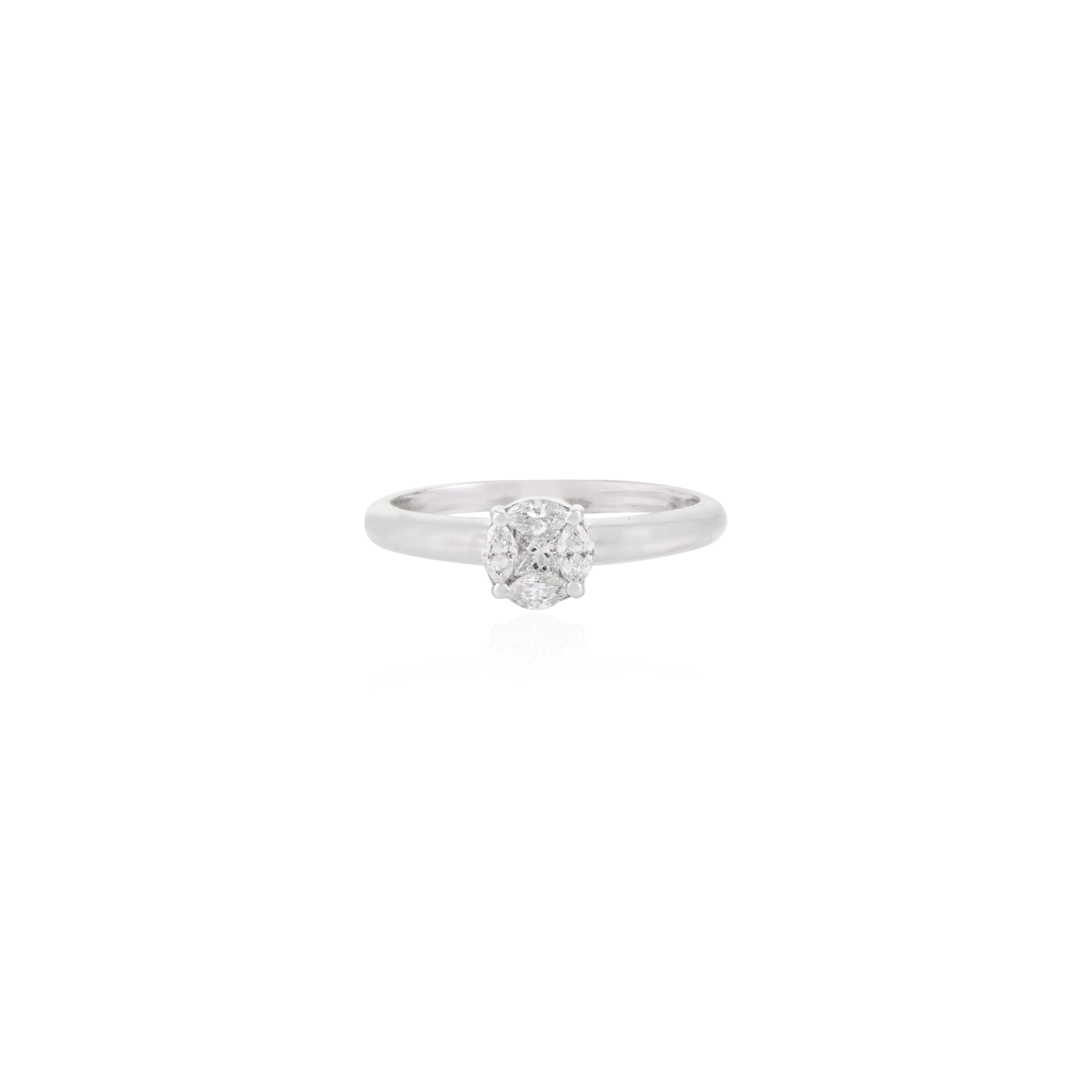 For Sale:  Dainty Round Diamond Cluster Engagement Ring in Solid 18k White Gold 8