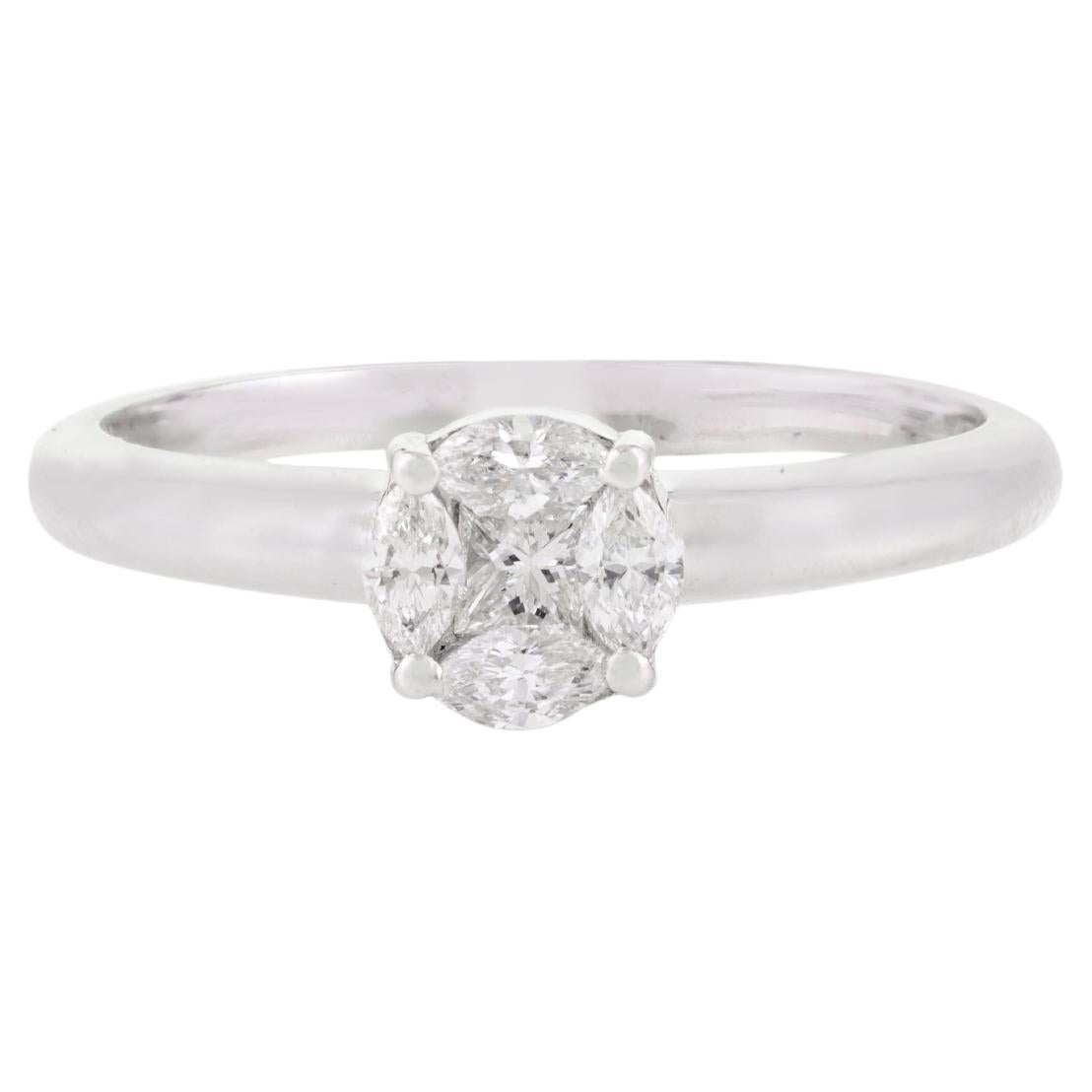 Dainty Round Diamond Cluster Engagement Ring in Solid 18k White Gold
