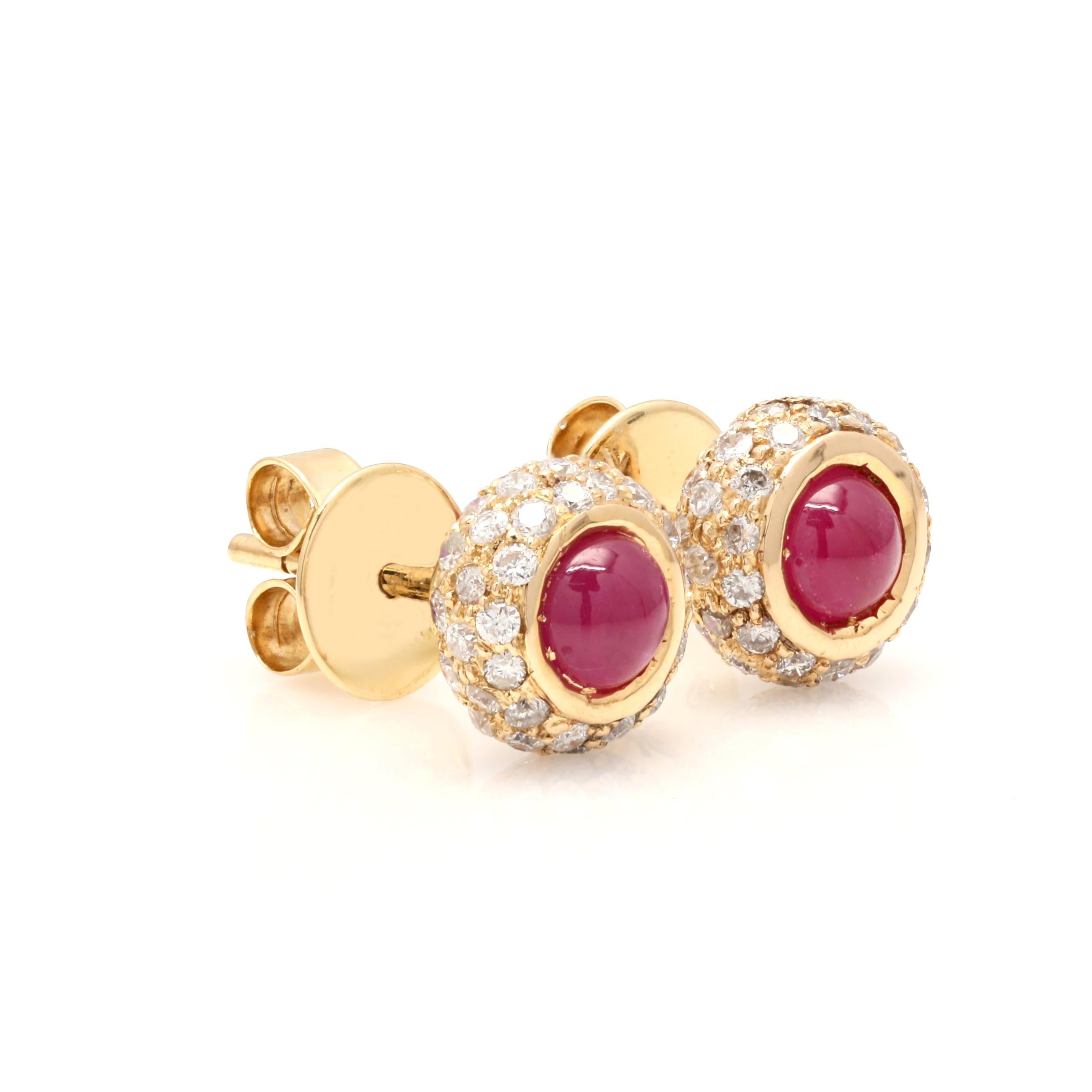 Modern Dainty Ruby Diamond Pushback Studs in 18k Yellow Gold, Everyday Studs For Sale