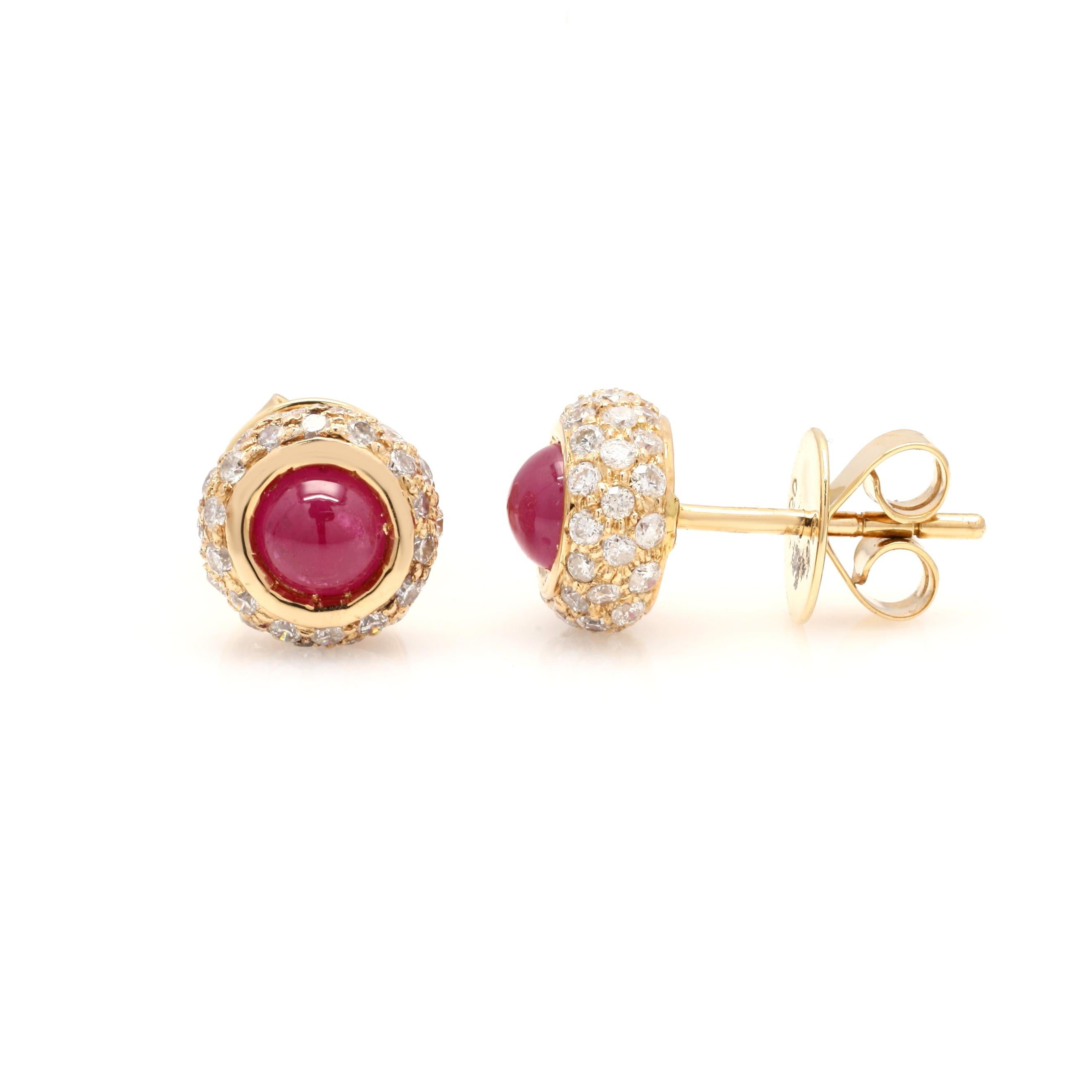 Round Cut Dainty Ruby Diamond Pushback Studs in 18k Yellow Gold, Everyday Studs For Sale