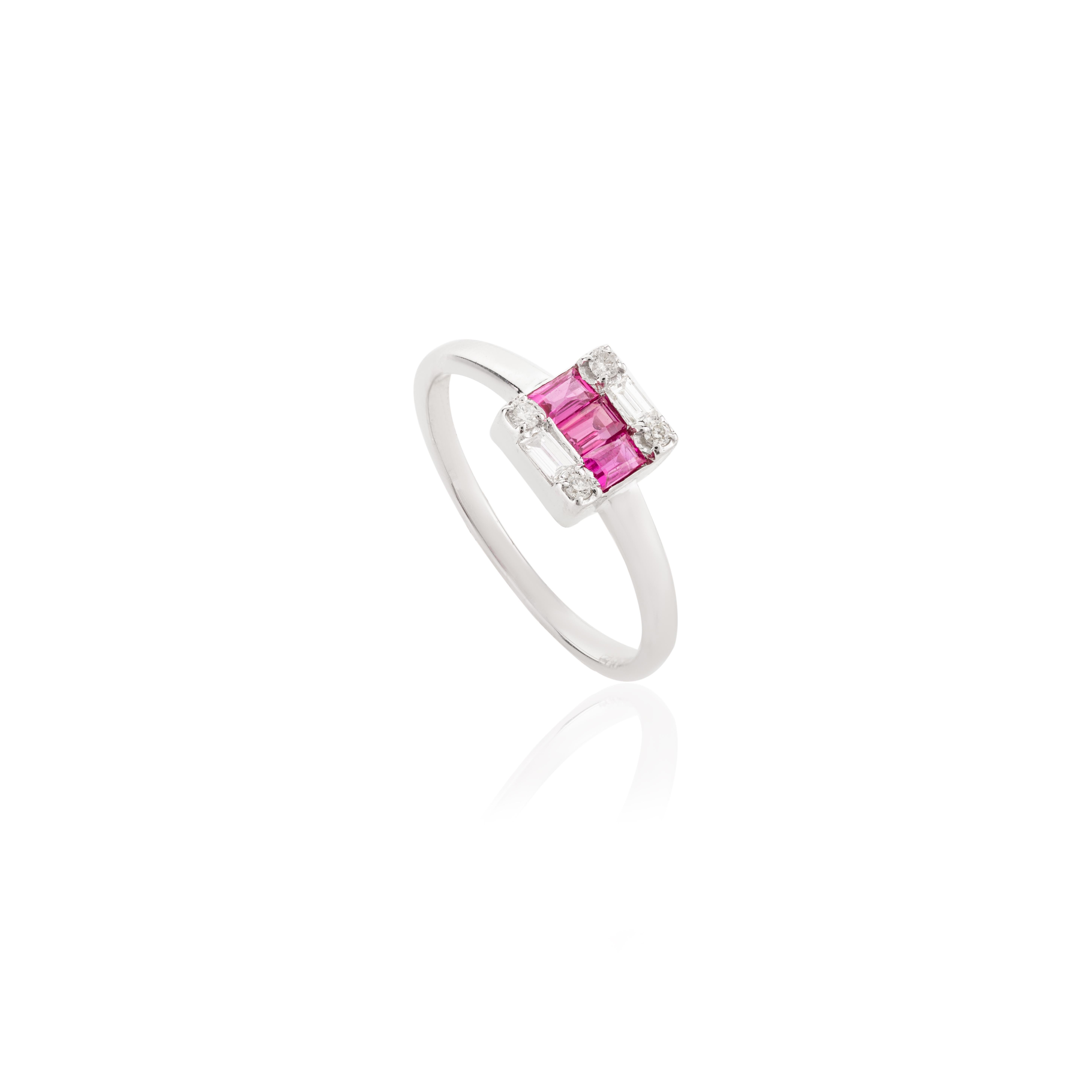 For Sale:  Dainty Ruby Baguette and Diamond Ring Studded in 14k Solid White Gold 3