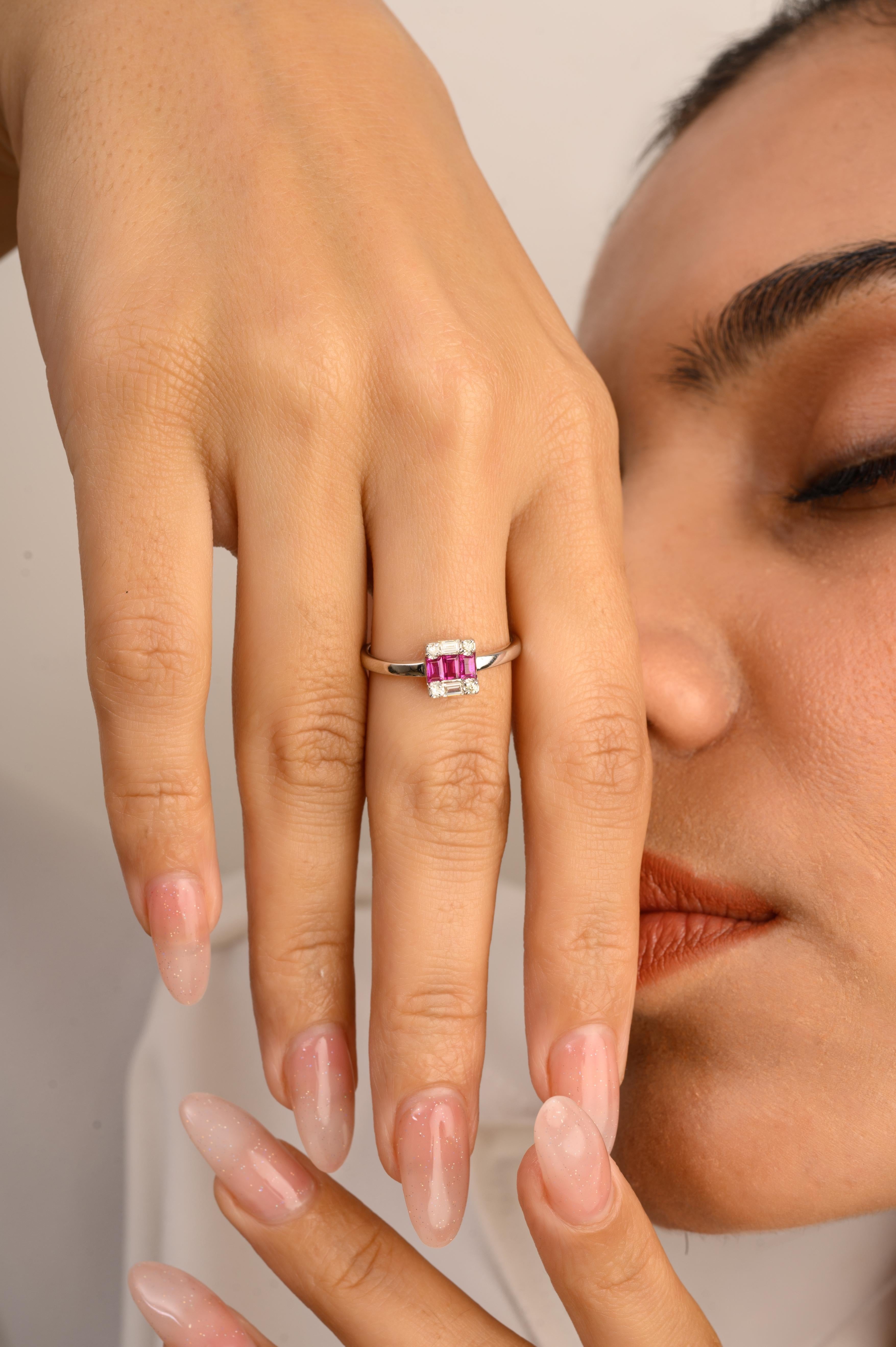 For Sale:  Dainty Ruby Baguette and Diamond Ring Studded in 14k Solid White Gold 4