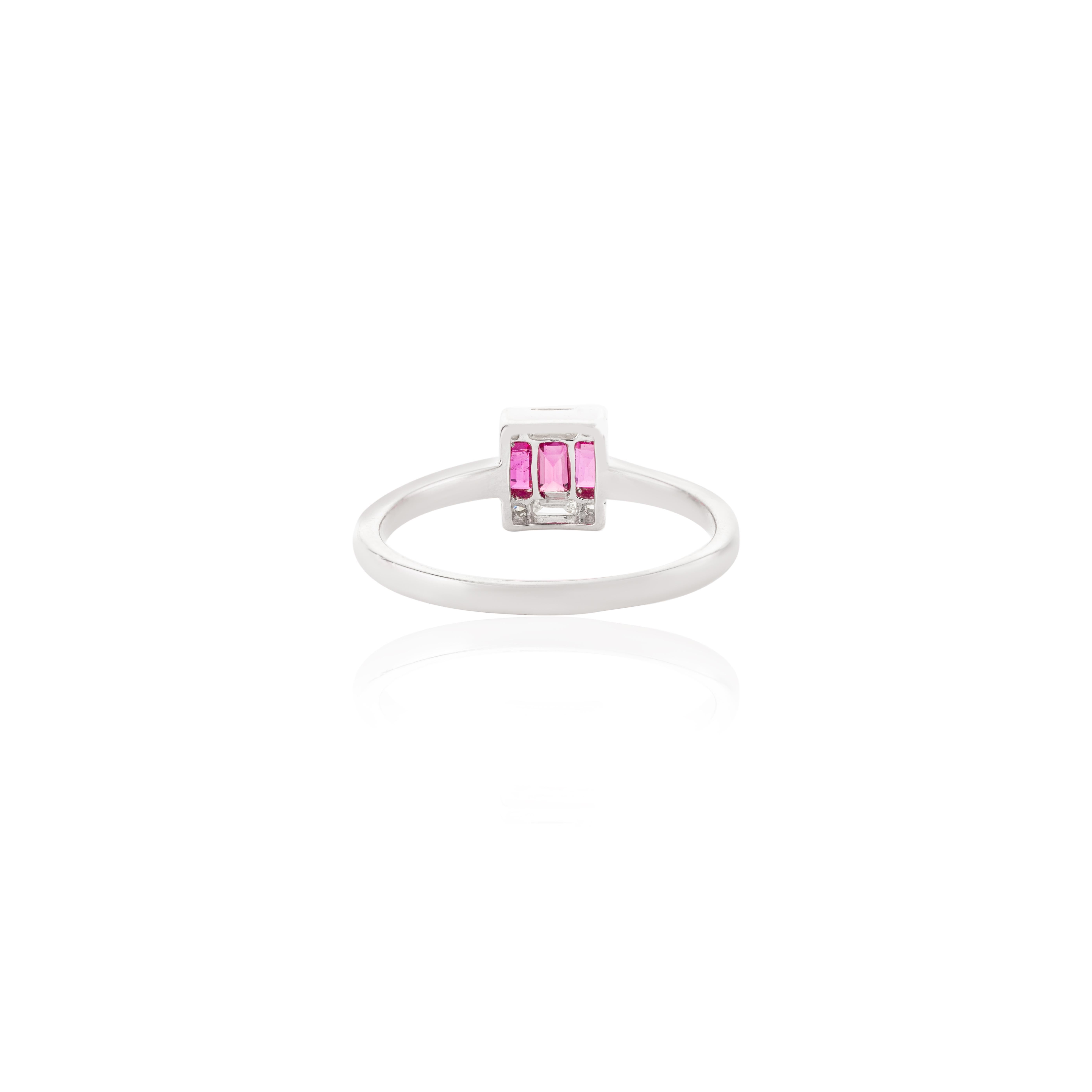 For Sale:  Dainty Ruby Baguette and Diamond Ring Studded in 14k Solid White Gold 6