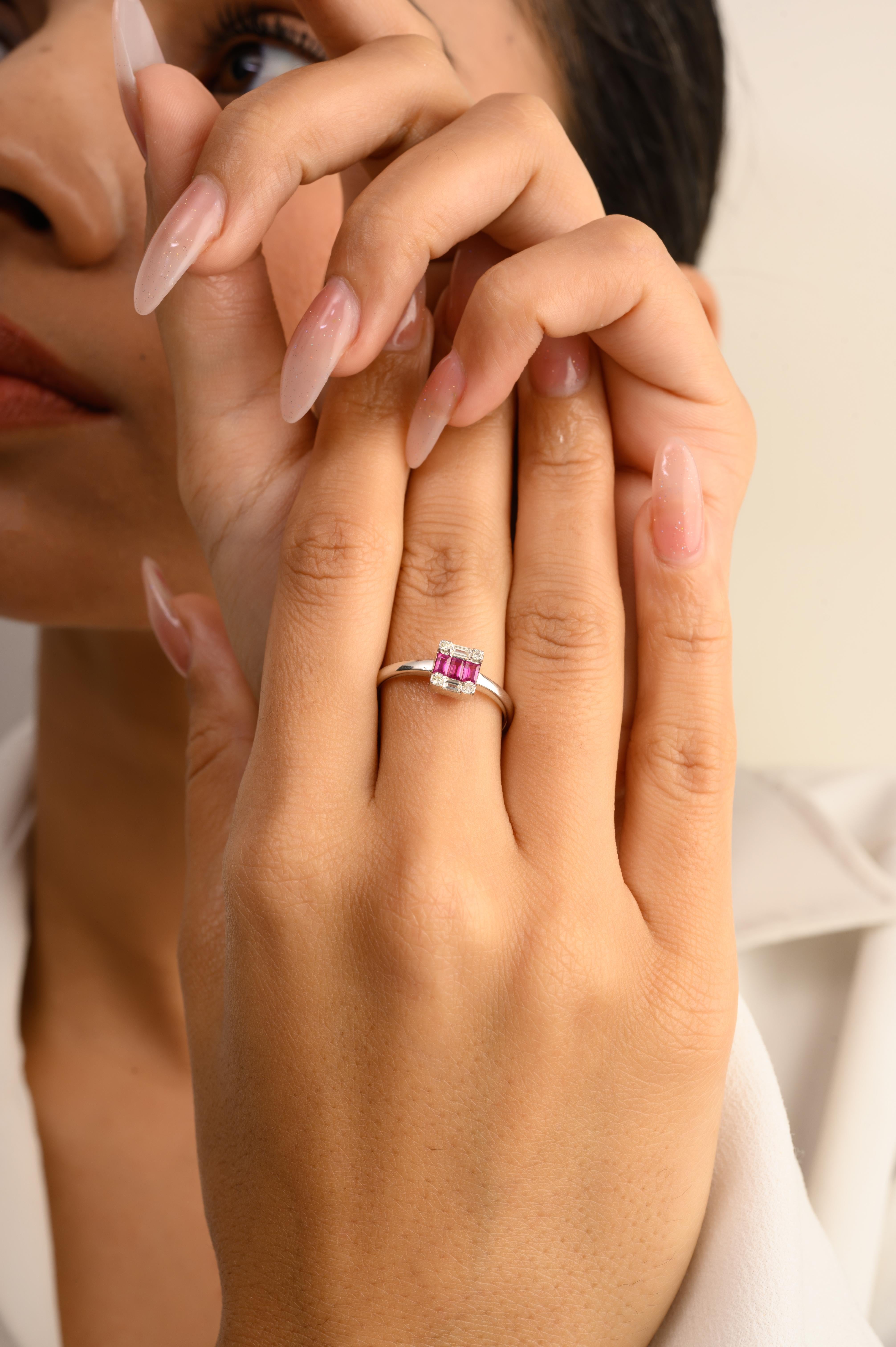 For Sale:  Dainty Ruby Baguette and Diamond Ring Studded in 14k Solid White Gold 7