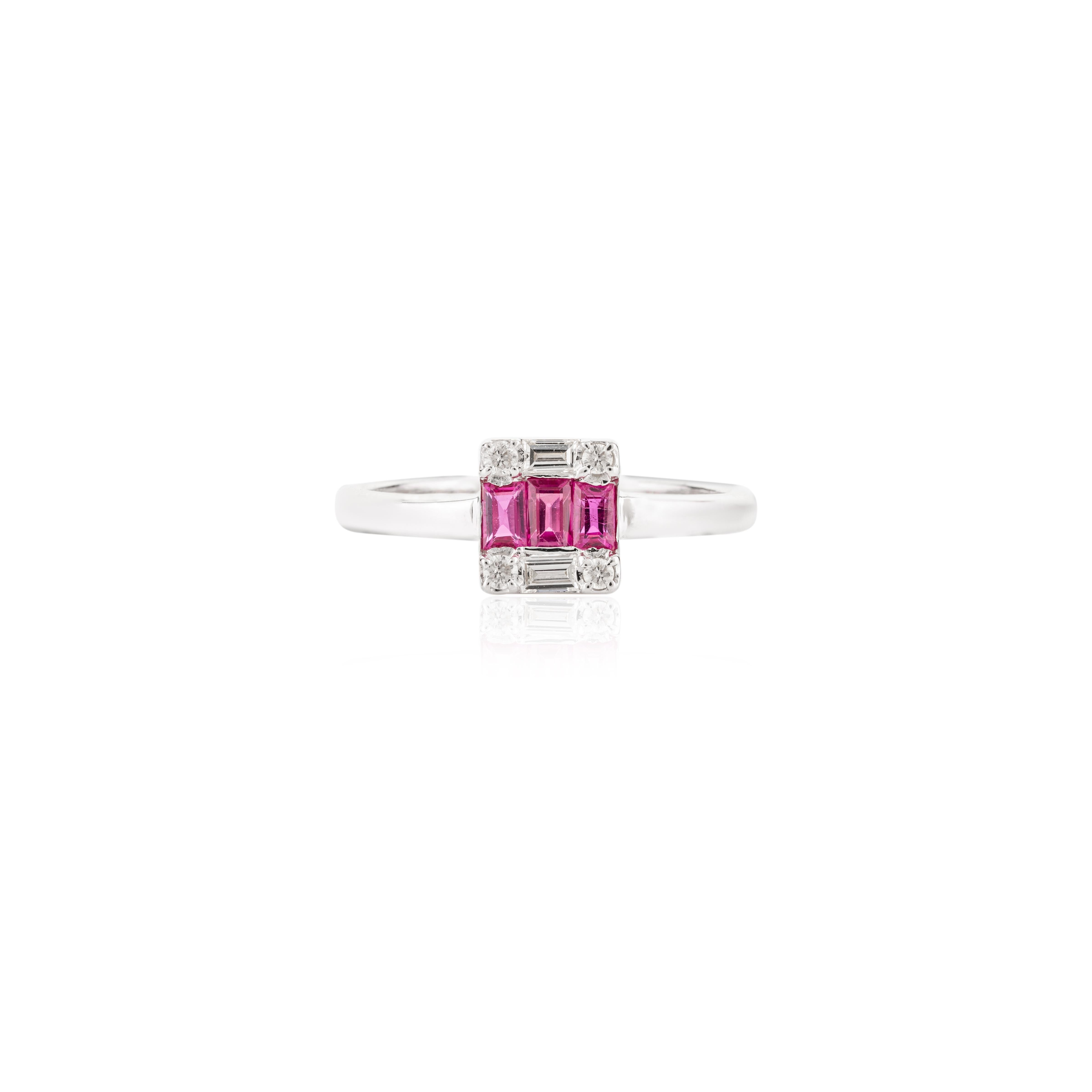 For Sale:  Dainty Ruby Baguette and Diamond Ring Studded in 14k Solid White Gold 8