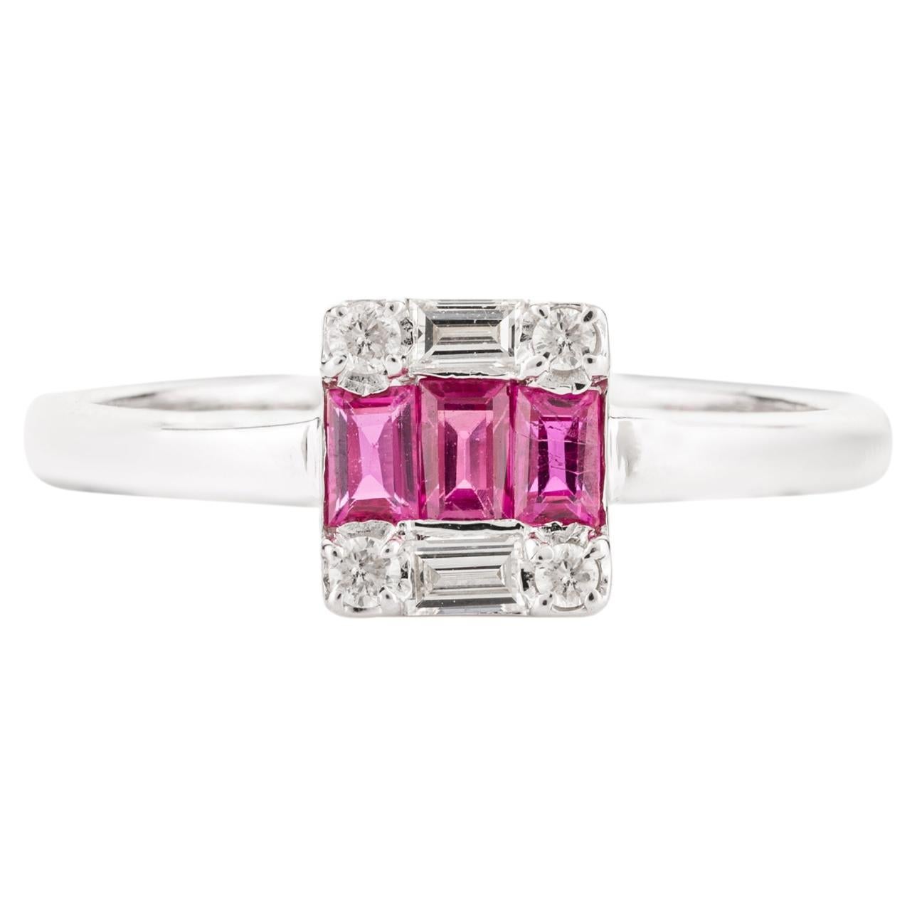 For Sale:  Dainty Ruby Baguette and Diamond Ring Studded in 14k Solid White Gold