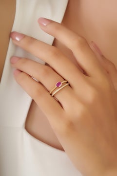 Dainty Ruby & Diamond Beaded Double Band Stacking Ring Set in 14K Yellow Gold