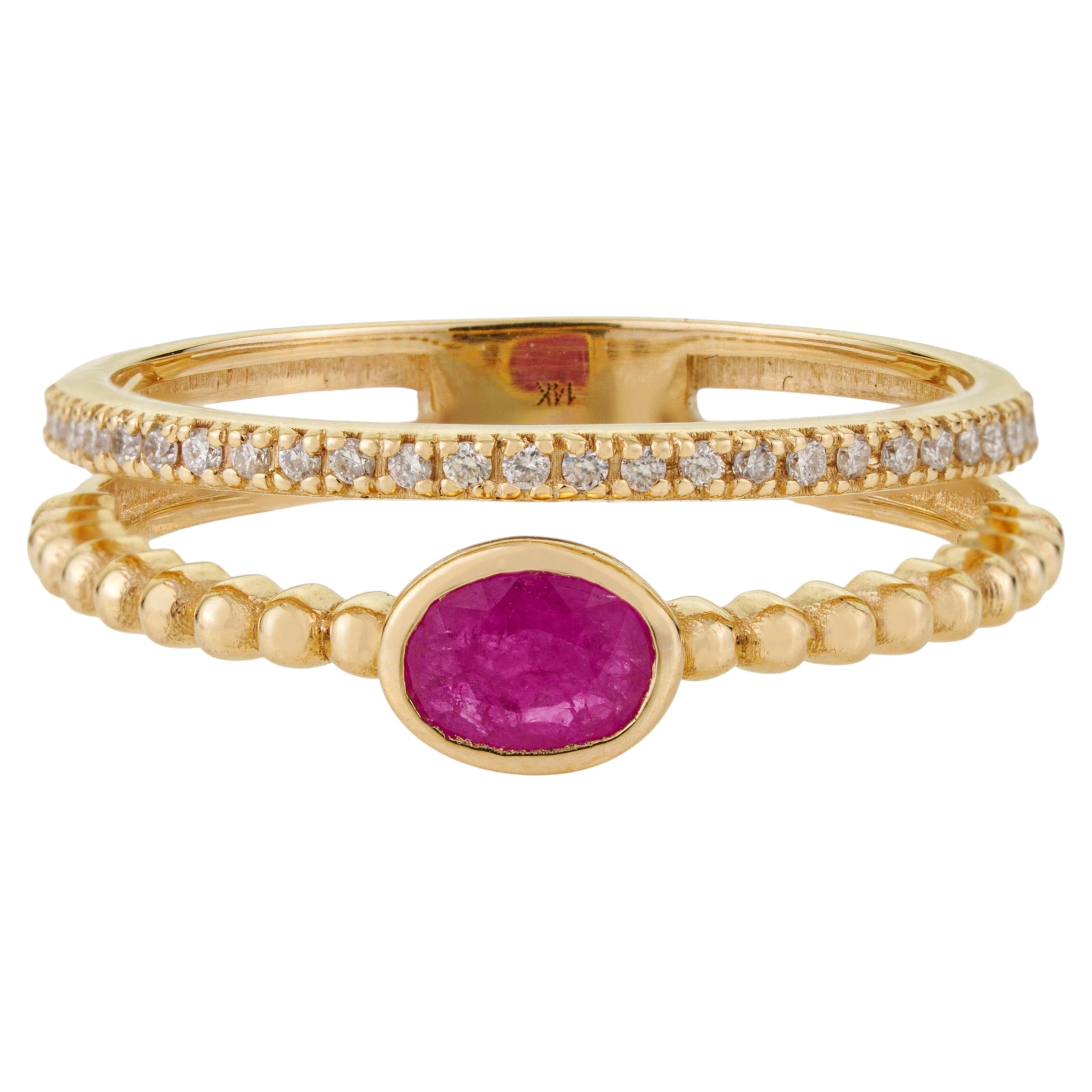 For Sale:  Dainty Ruby & Diamond Beaded Double Band Stacking Ring Set in 14K Yellow Gold