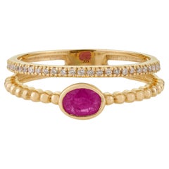 Dainty Ruby & Diamond Beaded Double Band Stacking Ring Set in 14K Yellow Gold