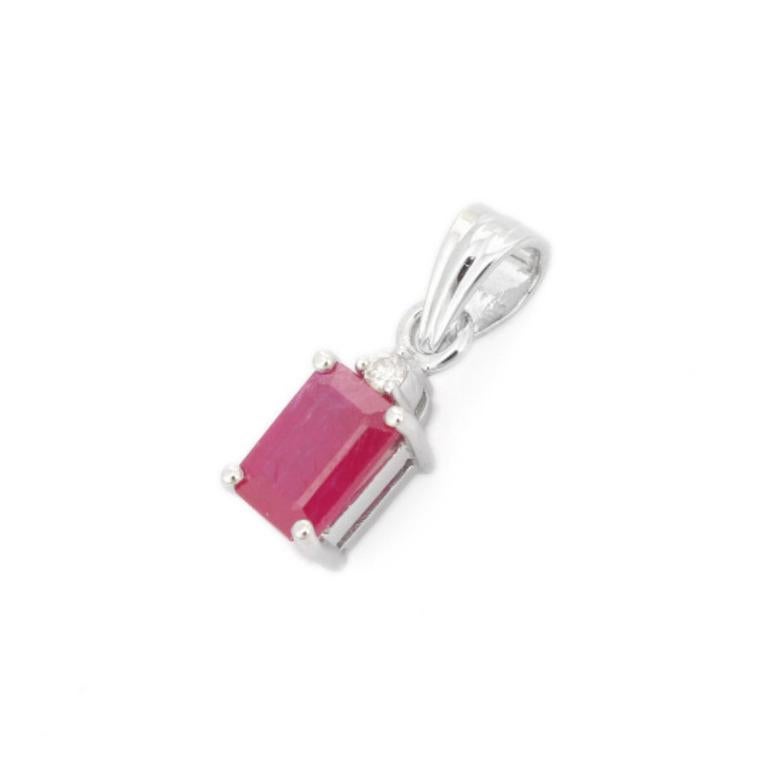 Dainty Ruby Diamond Everyday Pendant Necklace in sterling silver studded with octagon cut ruby and round cut diamonds. This stunning piece of jewelry instantly elevates a casual look or dressy outfit.
Ruby brings energy, calmness and happiness into