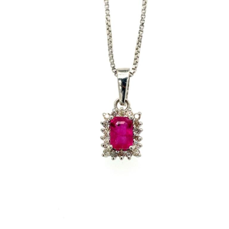 Art Deco Dainty Ruby Diamond Halo Pendant Necklace in .925 Sterling Silver for Her For Sale