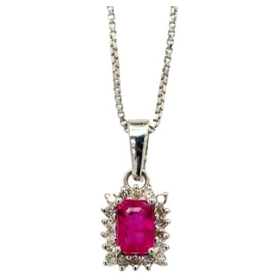 Dainty Ruby Diamond Halo Pendant Necklace in .925 Sterling Silver for Her For Sale