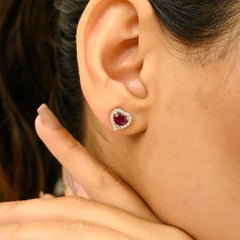 Dainty Ruby Diamond Heart Stud Earrings Gift for Her in 14k Solid White Gold