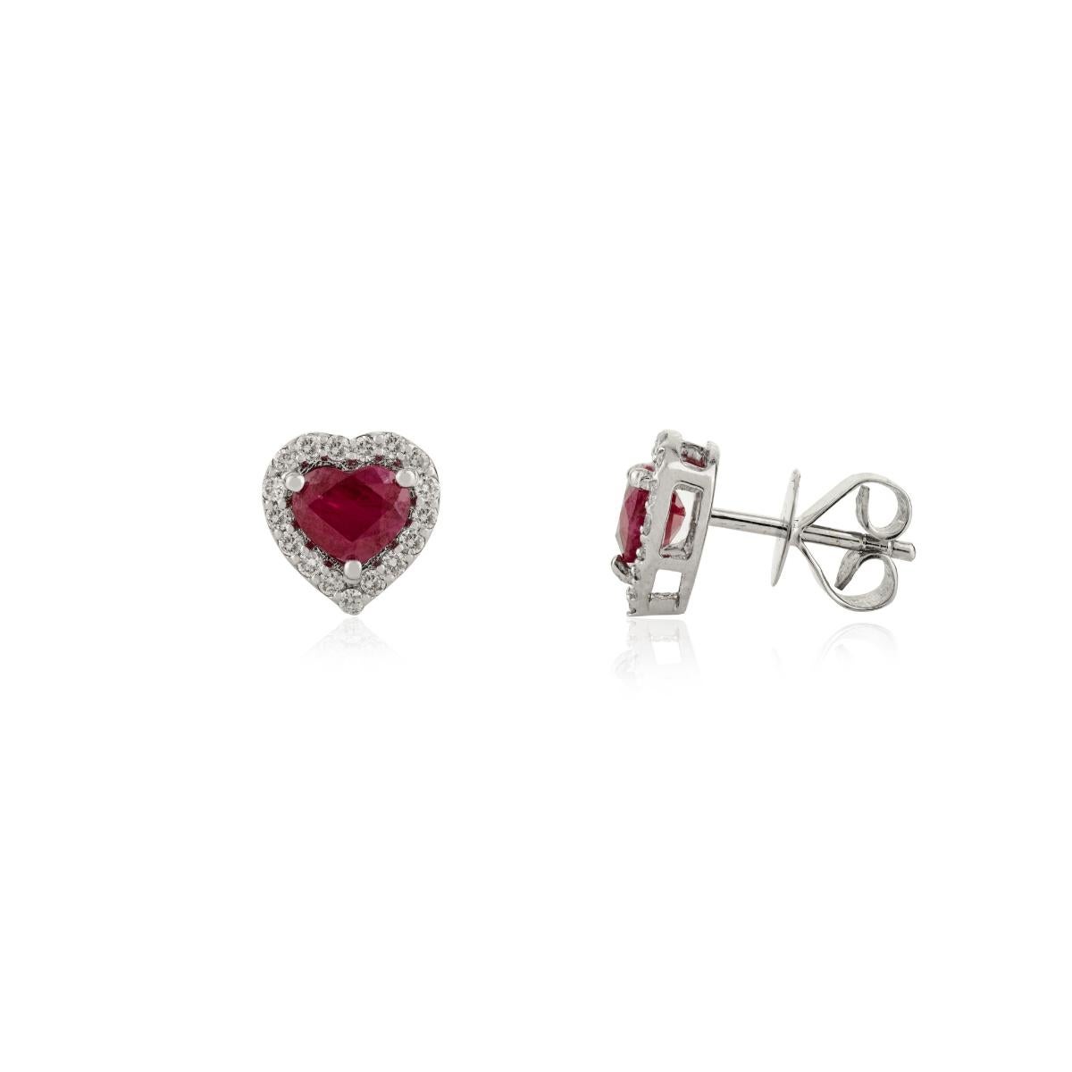 Zierliche Rubin-Diamant-Herz-Ohrstecker Geschenk für Sie in 14k Solid White Gold (Art déco) im Angebot