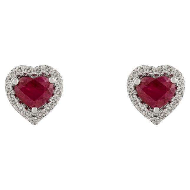 Dainty Ruby Diamond Heart Stud Earrings Gift for Her in 14k Solid White Gold