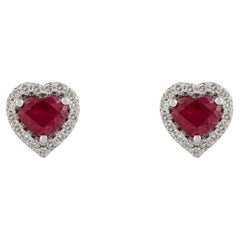 Delicados pendientes de rubí y diamantes en forma de corazón, regalo para ella en oro blanco macizo de 14 quilates