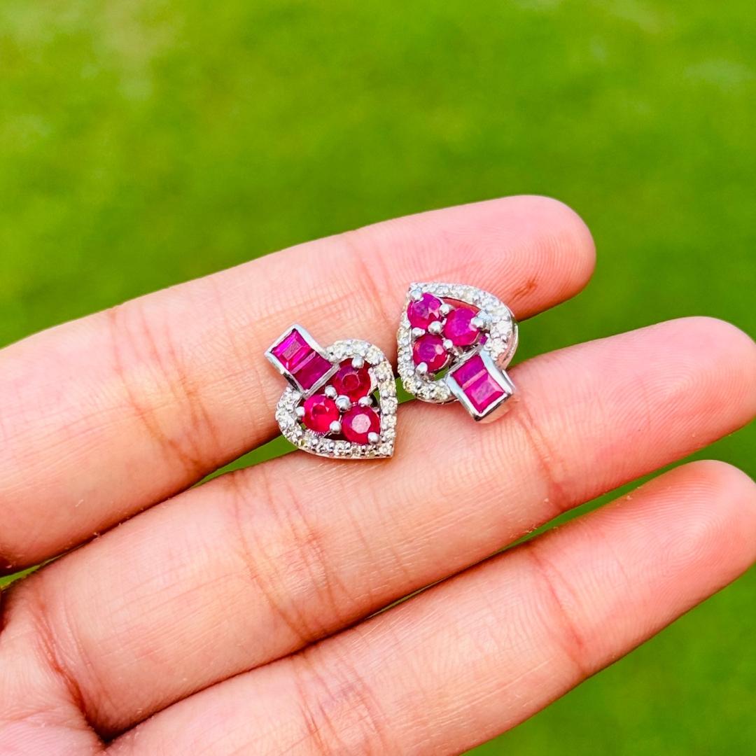 Dainty Ruby Diamond Heart Studs EarringGift for Fiance in 925 Sterling Silver In New Condition For Sale In New York, NY