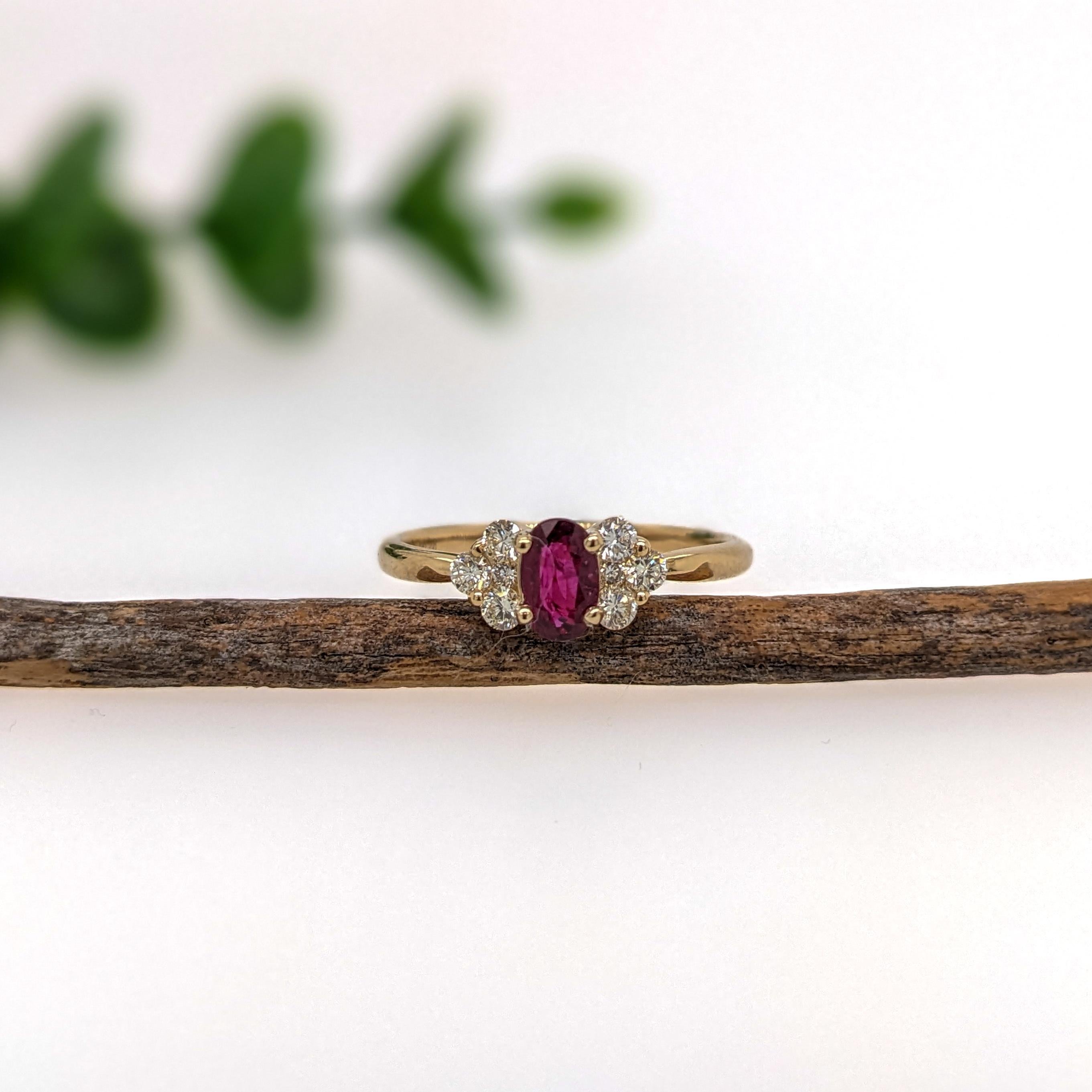 Art Nouveau Dainty Ruby Ring w Natural Diamond Accents in Solid 14K Yellow Gold  Oval 6x4mm For Sale