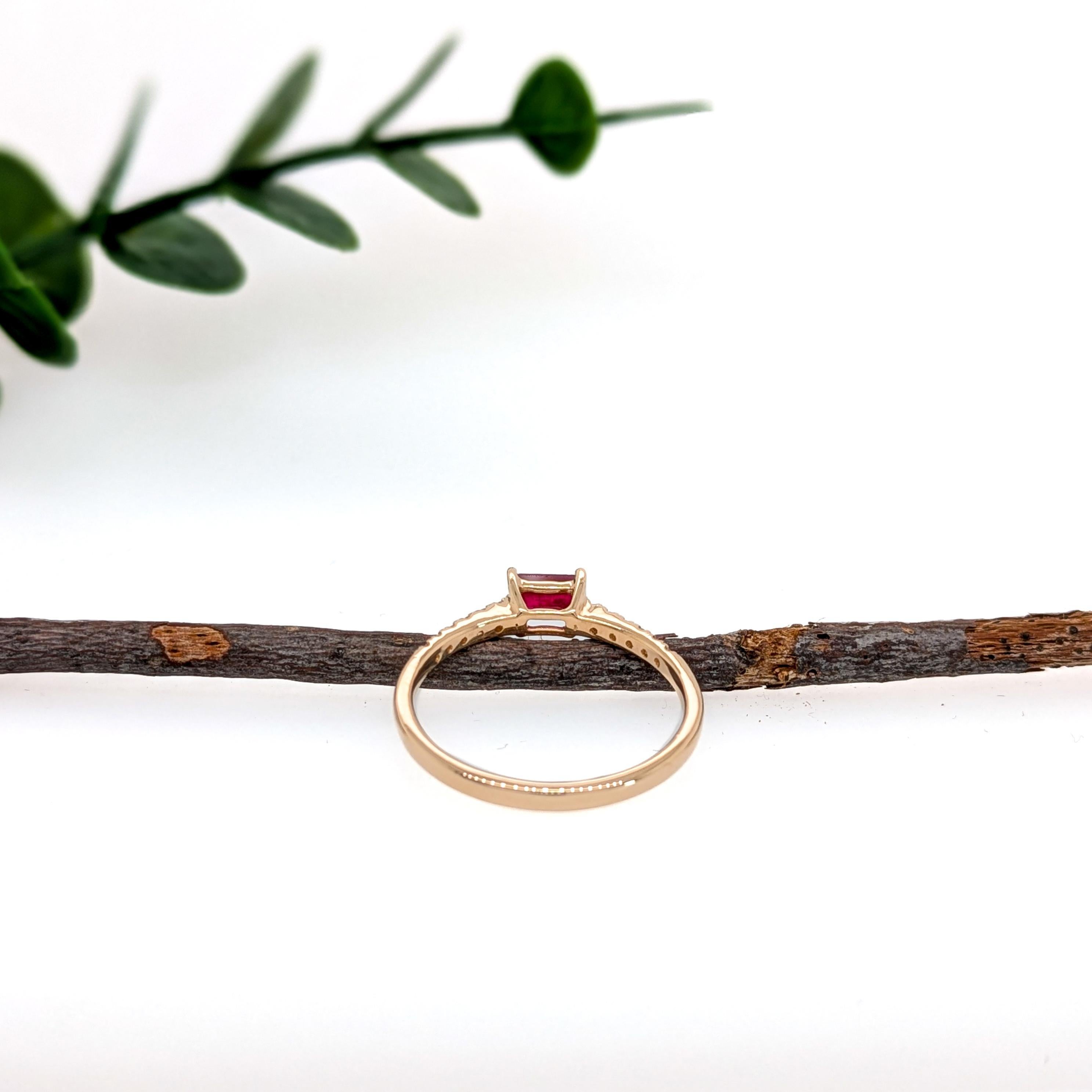 A dainty beauty in solid 14K gold, this ring features a rich ruby center surrounded by natural earth-mined diamonds. The pavé diamond shank adds a delicate sparkle, making it the perfect touch of timeless romance. This Ruby ring makes a lovely July