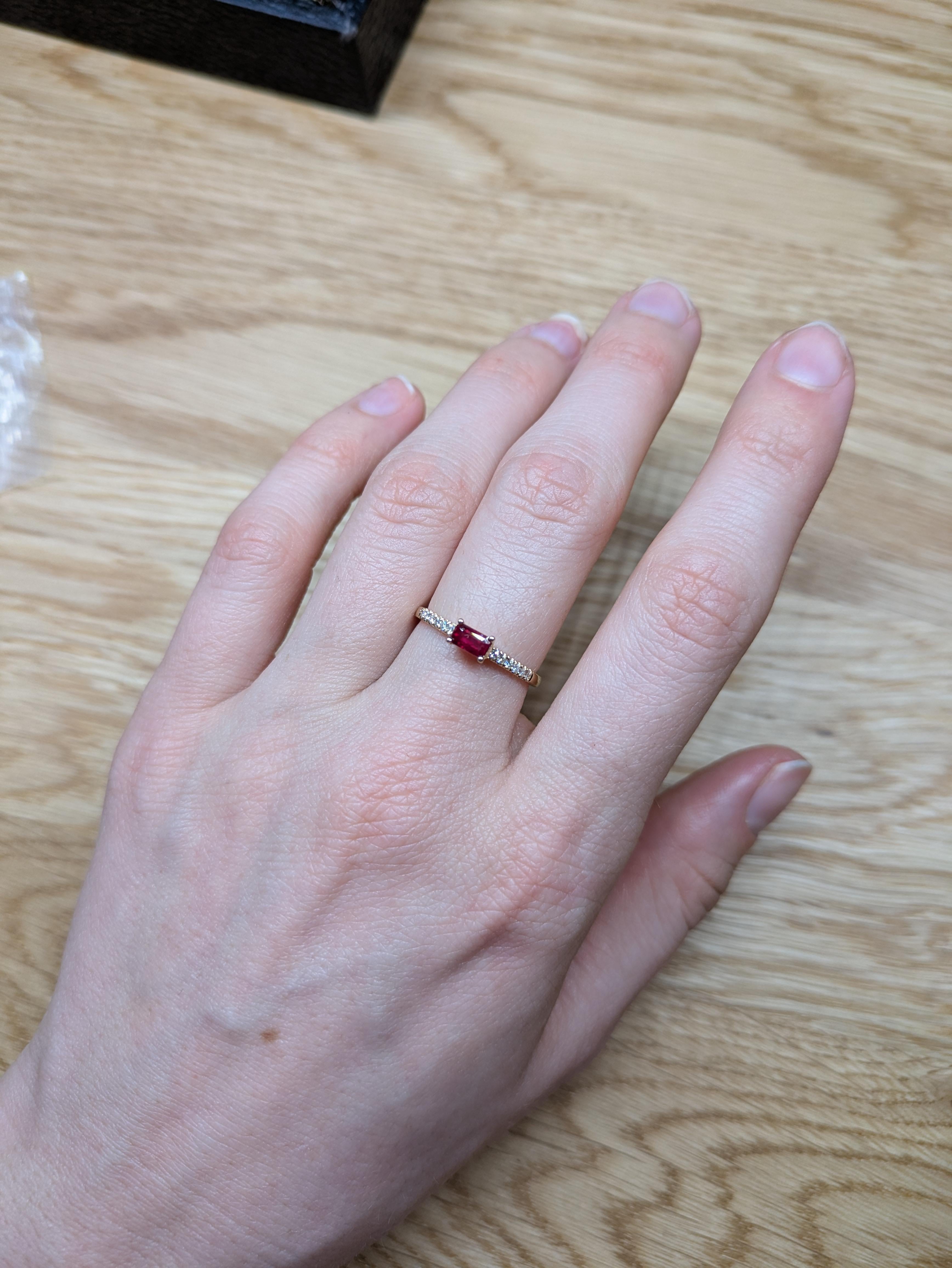 Women's Dainty Ruby Ring w Natural Diamond Pave Shank in Solid 14K Gold  EM 5x3mm