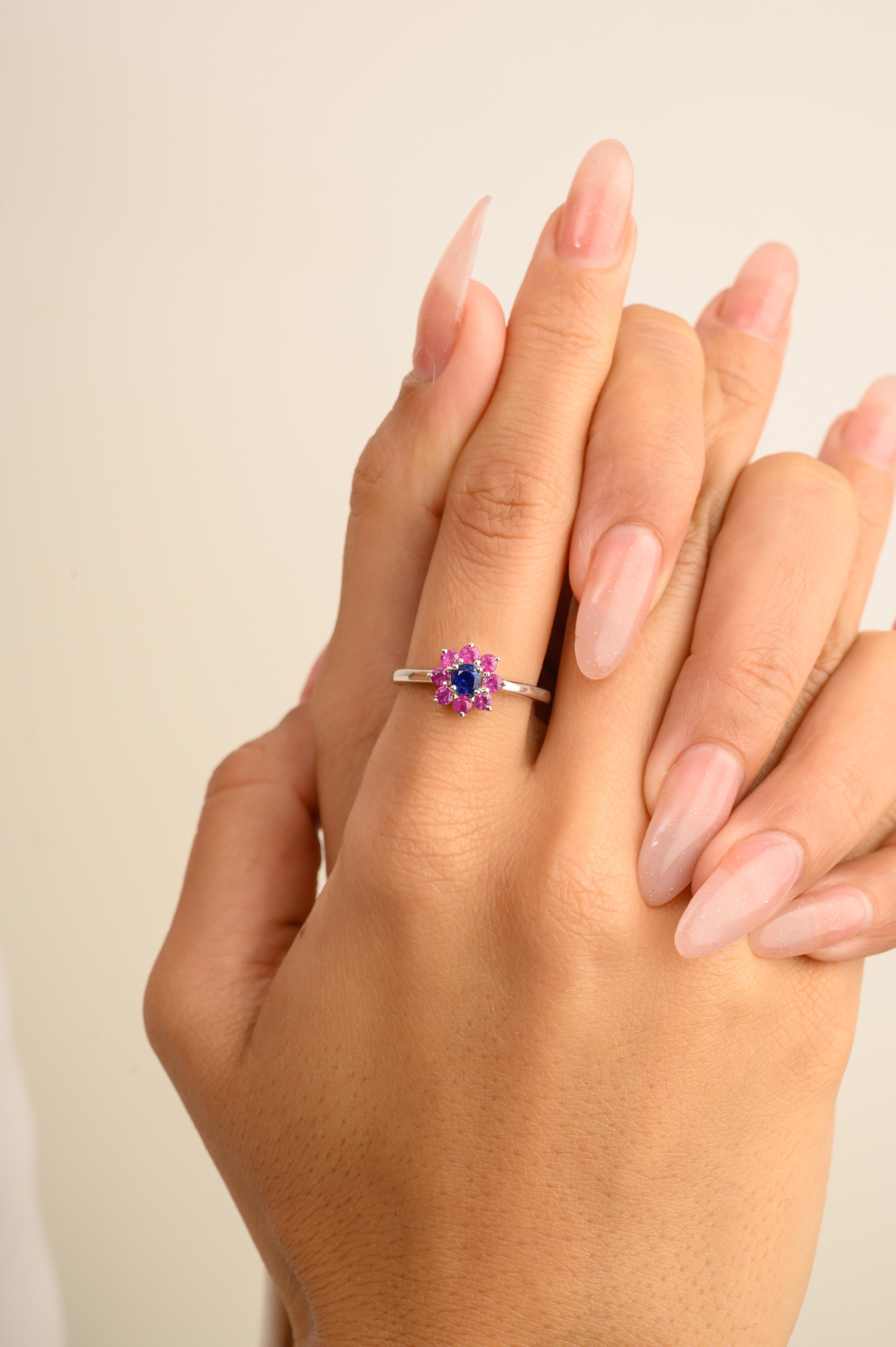 For Sale:  Tiny Everyday Sapphire Ruby Halo Flower Ring in 14 Karat Solid White Gold 2