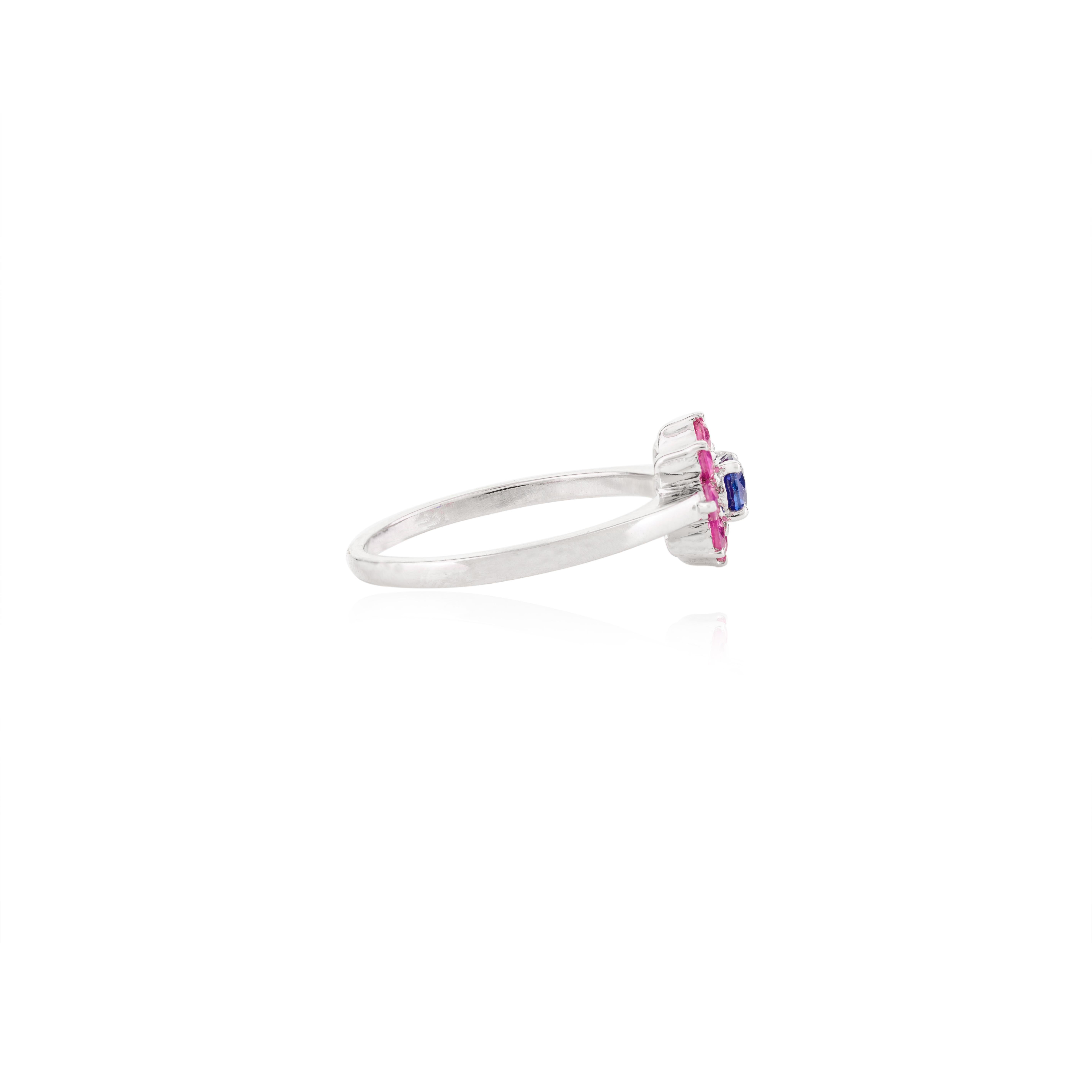 For Sale:  Tiny Everyday Sapphire Ruby Halo Flower Ring in 14 Karat Solid White Gold 3