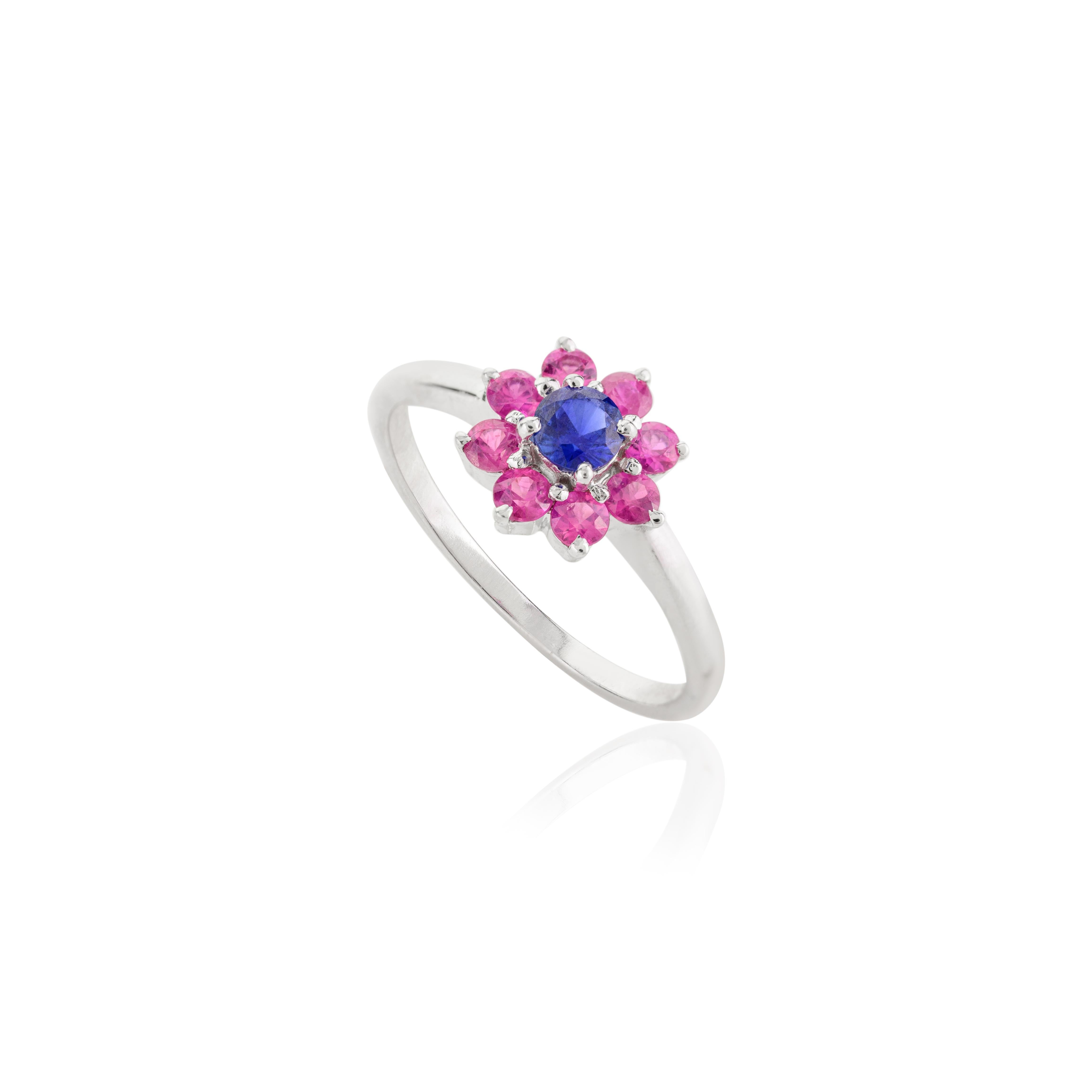For Sale:  Tiny Everyday Sapphire Ruby Halo Flower Ring in 14 Karat Solid White Gold 4