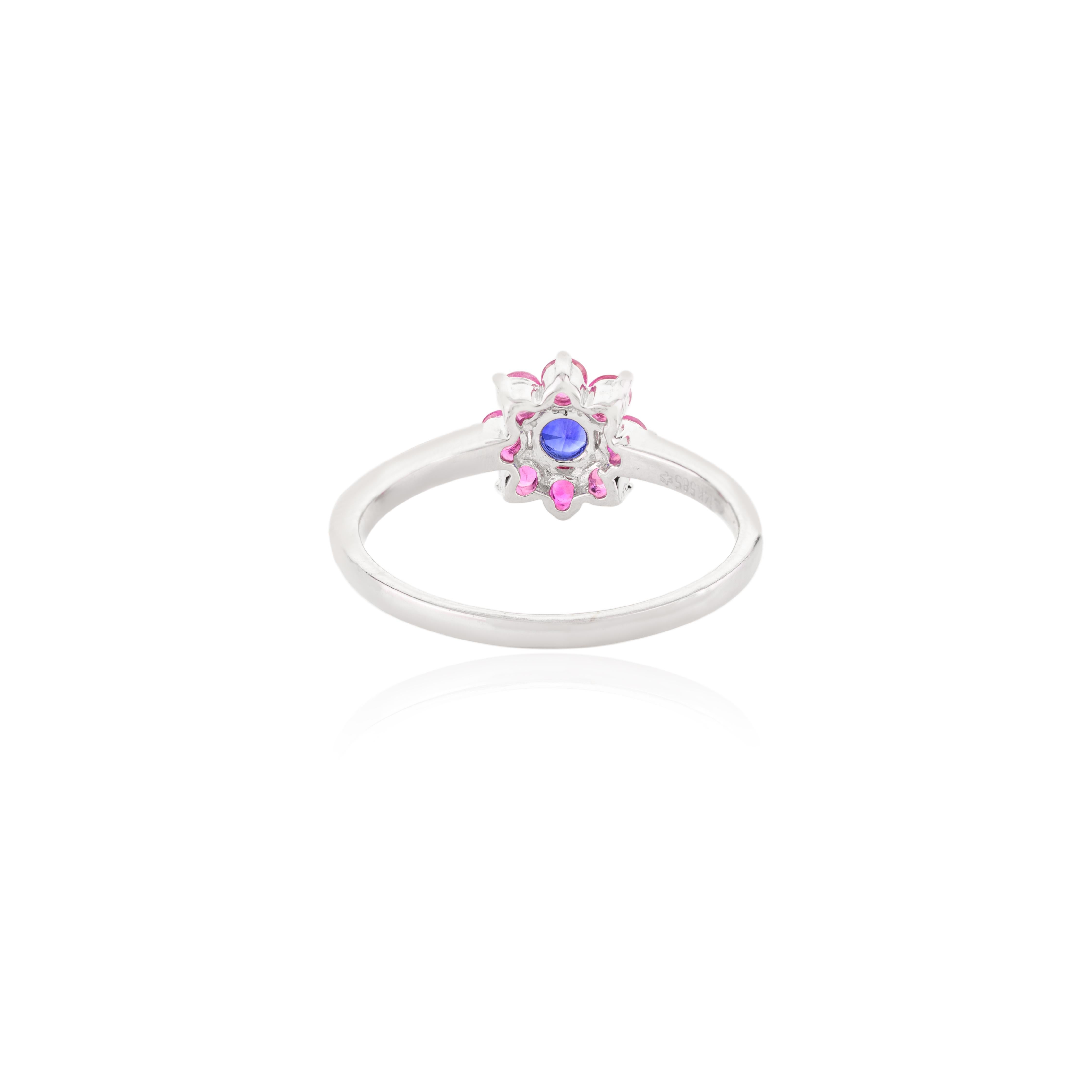 For Sale:  Tiny Everyday Sapphire Ruby Halo Flower Ring in 14 Karat Solid White Gold 5