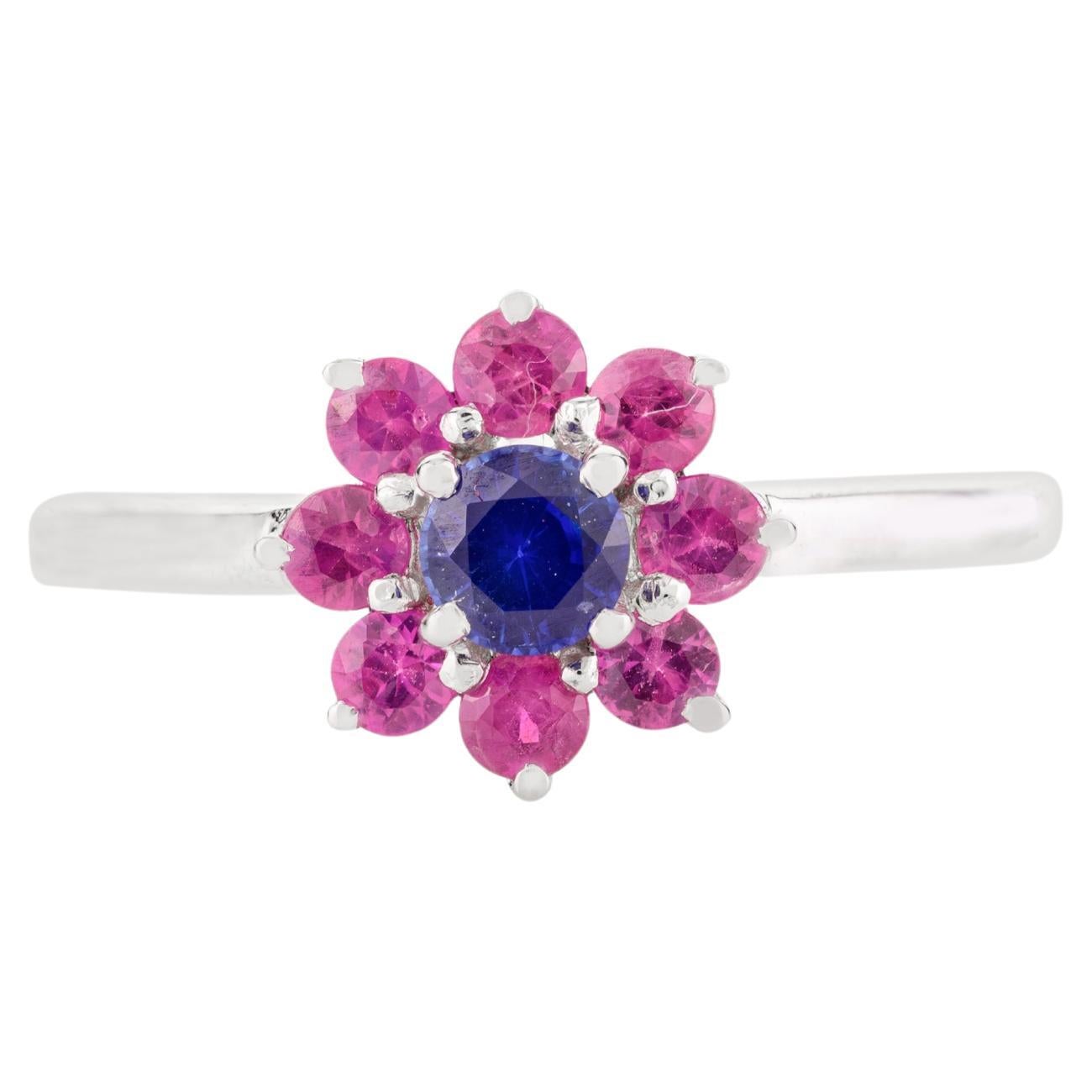 Tiny Everyday Sapphire Ruby Halo Flower Ring in 14 Karat Solid White Gold