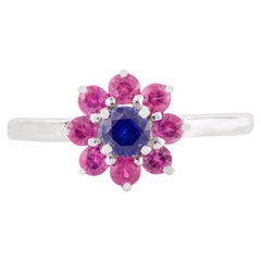 Tiny Everyday Sapphire Ruby Halo Flower Ring in 14 Karat Solid White Gold