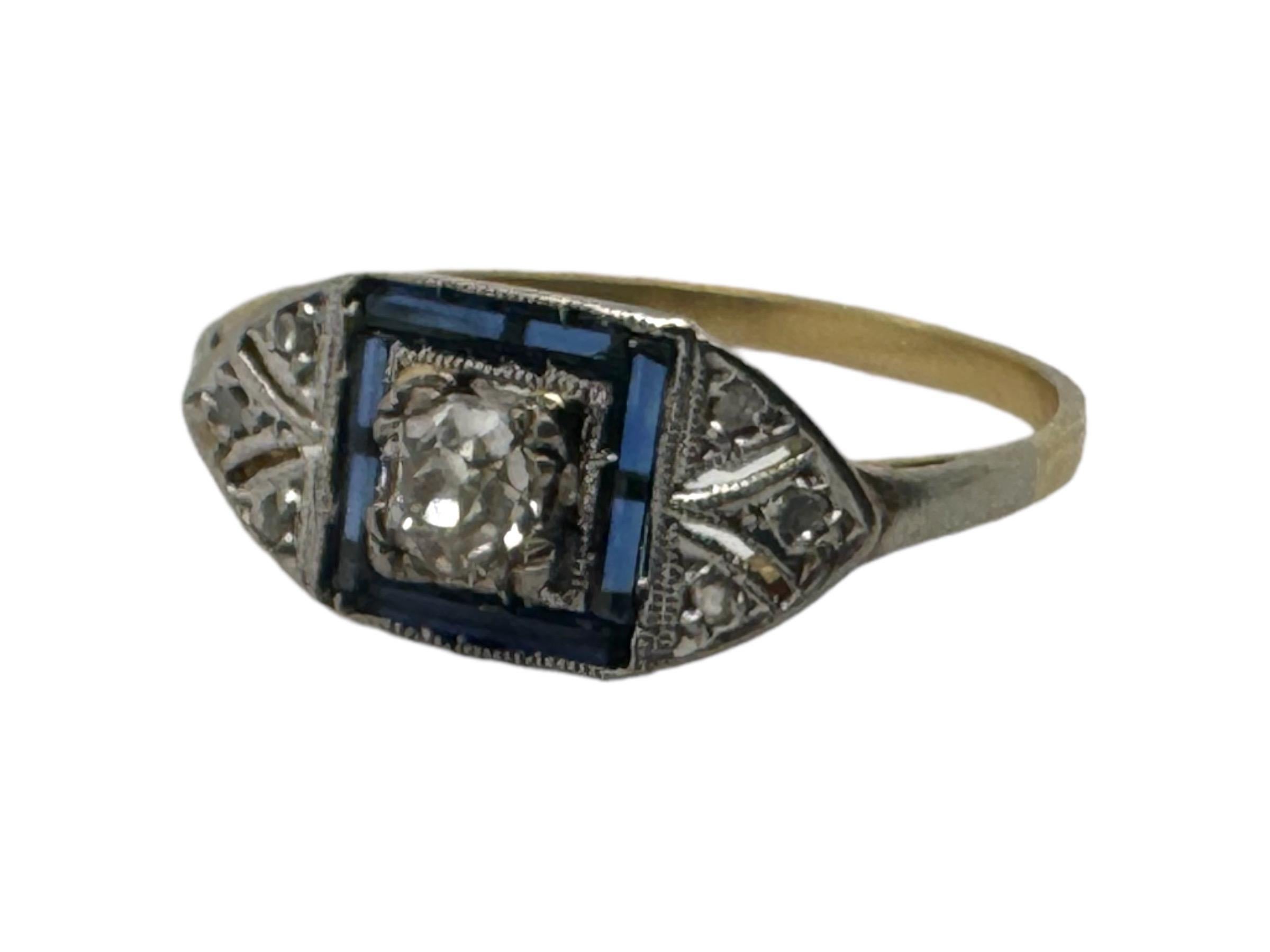 Old Mine Cut Dainty Sapphire & Diamond Art Deco Era Ring 18K Yellow White Gold For Sale