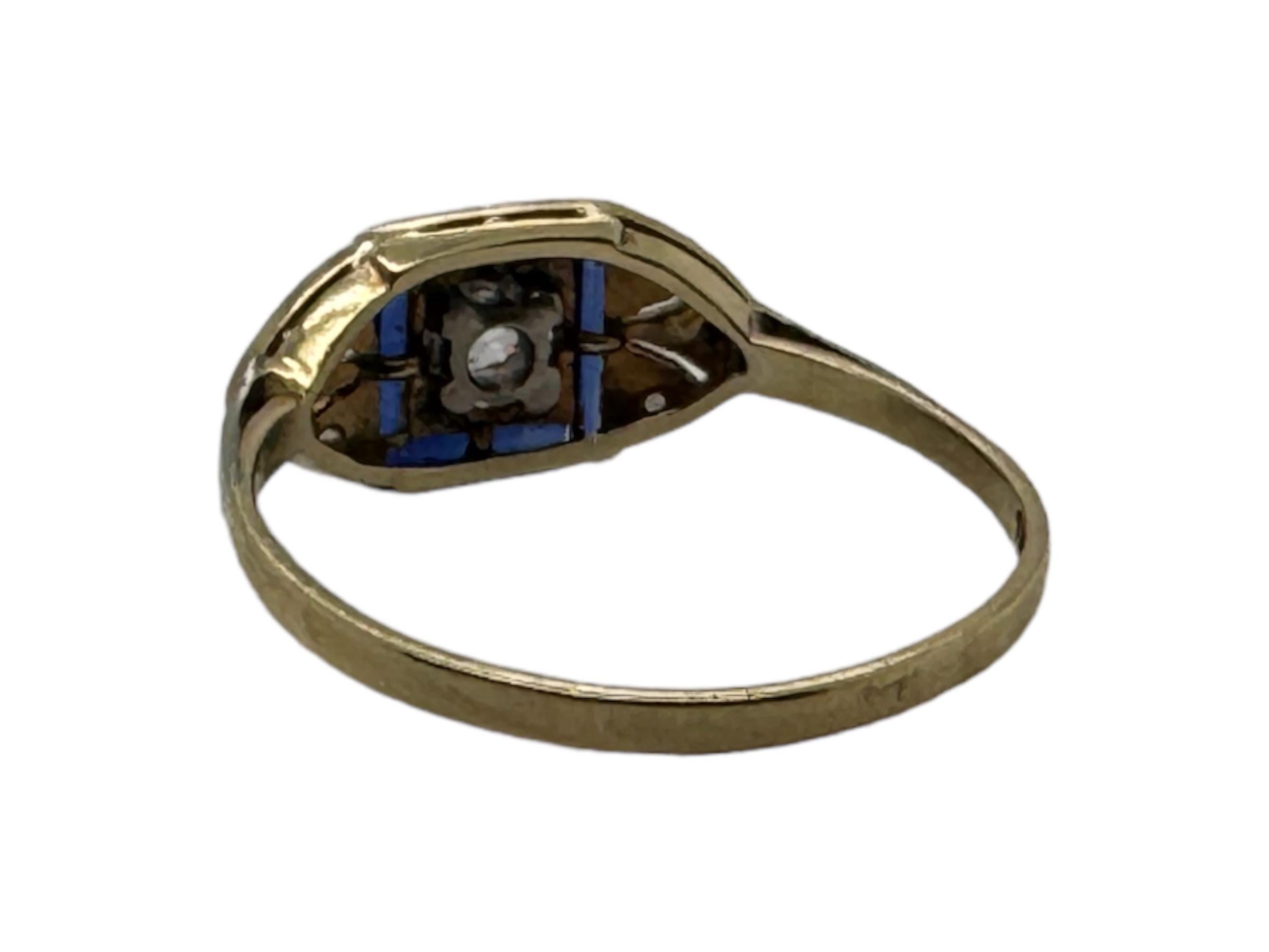 Zierlicher Saphir & Diamant Ring aus der Art Deco Ära 18K Gelb Weißgold (Alteuropäischer Brillantschliff) im Angebot