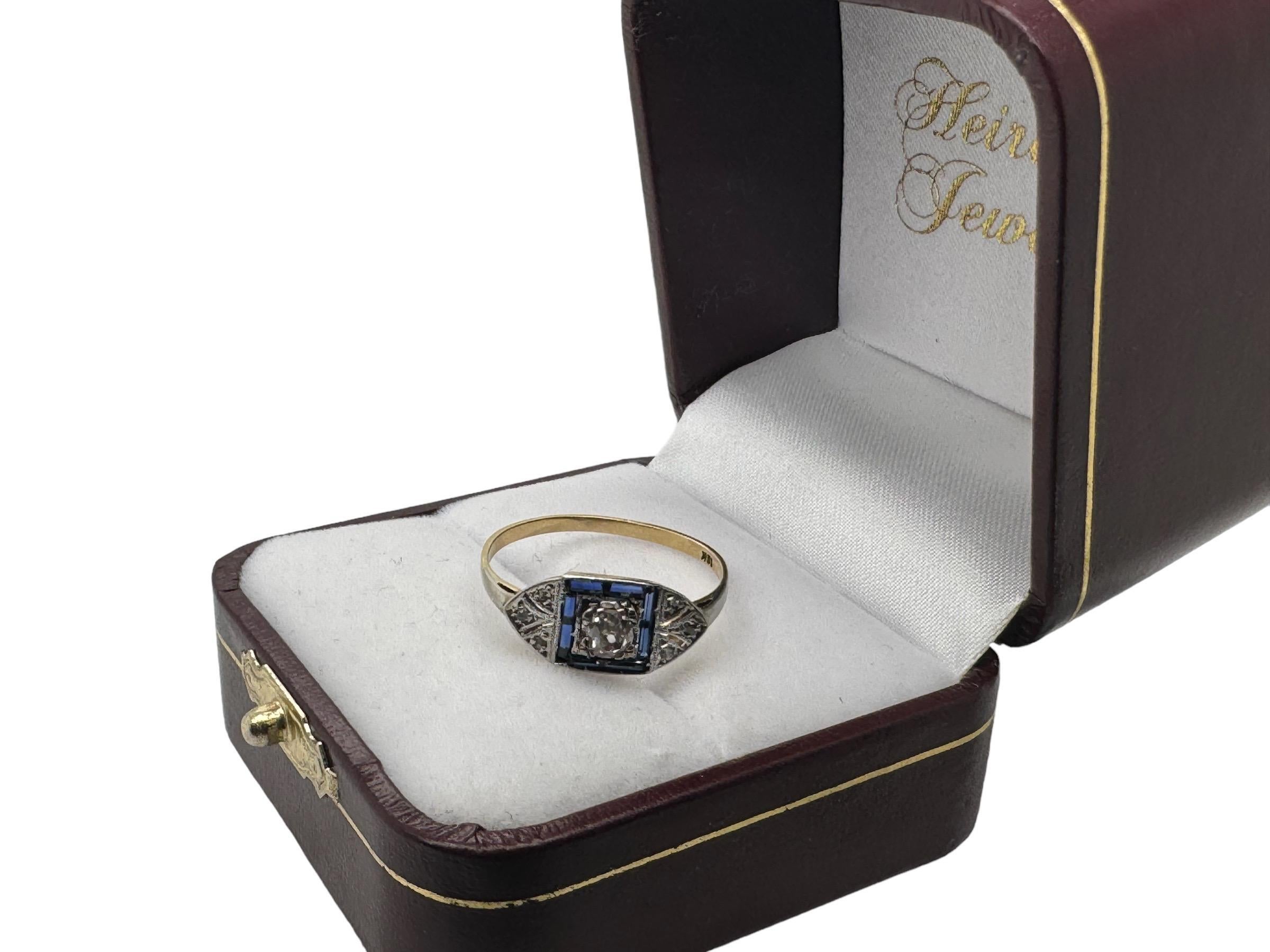 Dainty Sapphire & Diamond Art Deco Era Ring 18K Yellow White Gold For Sale 1