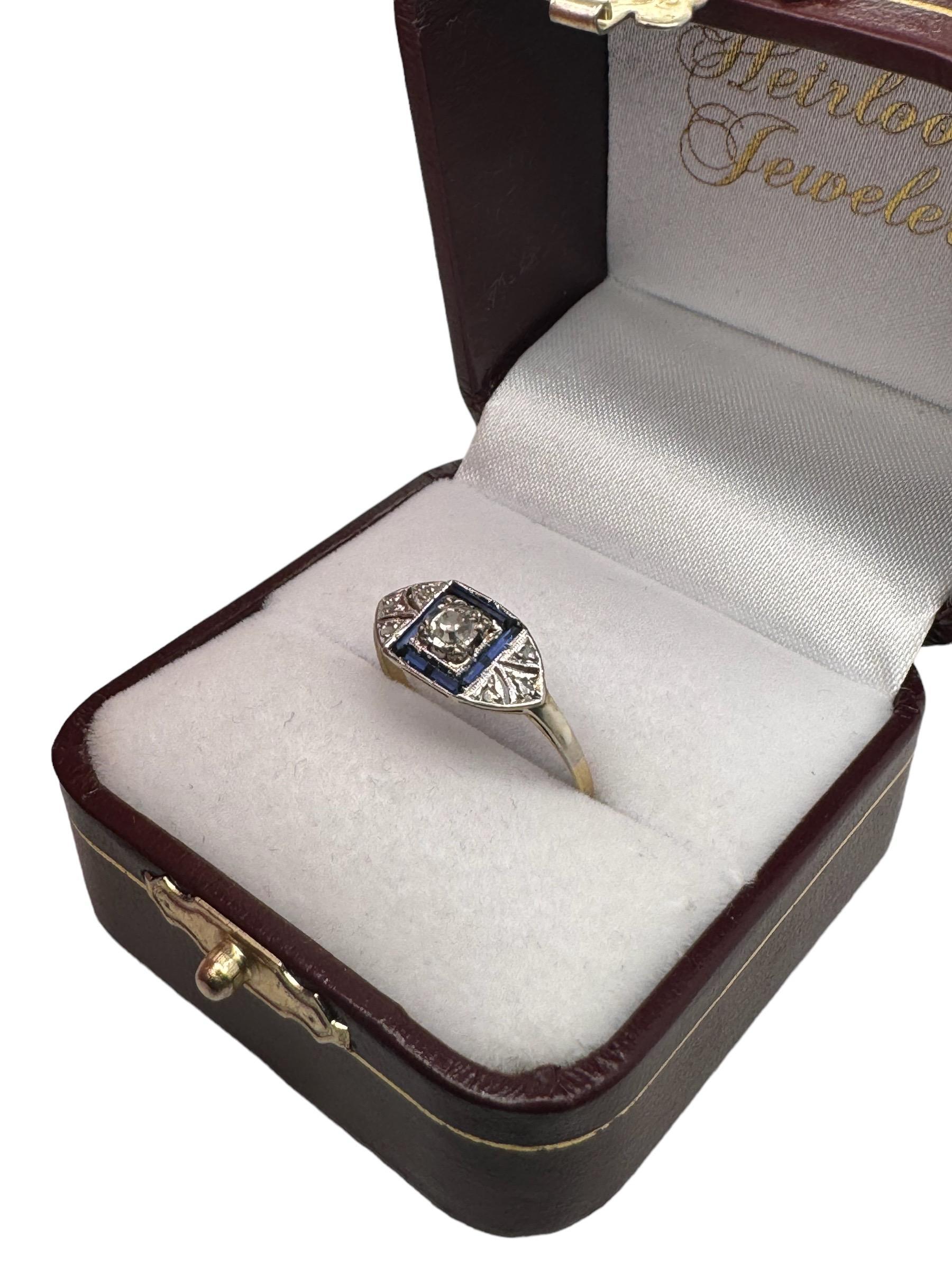 Dainty Sapphire & Diamond Art Deco Era Ring 18K Yellow White Gold For Sale 2