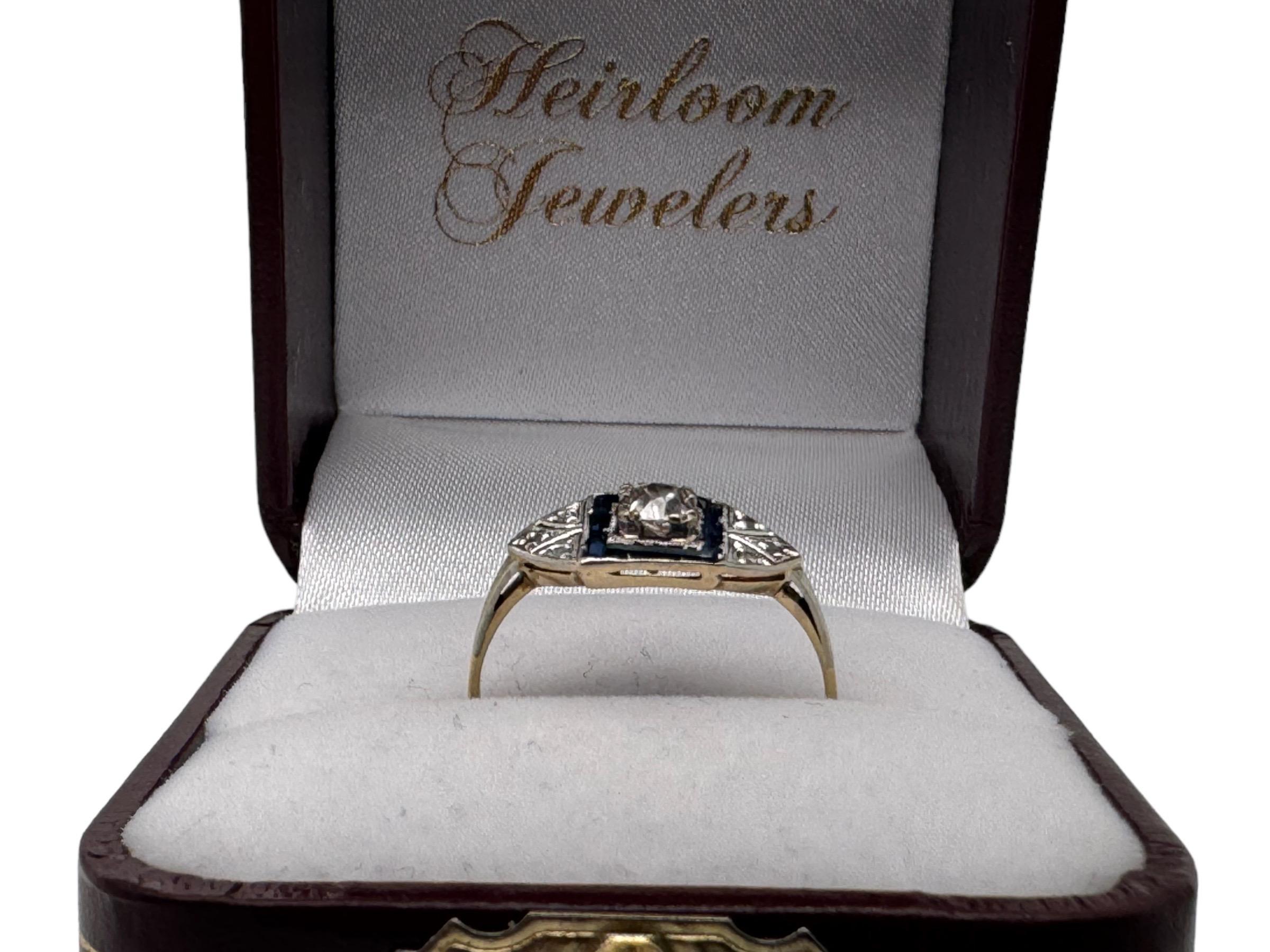 Dainty Sapphire & Diamond Art Deco Era Ring 18K Yellow White Gold For Sale 4