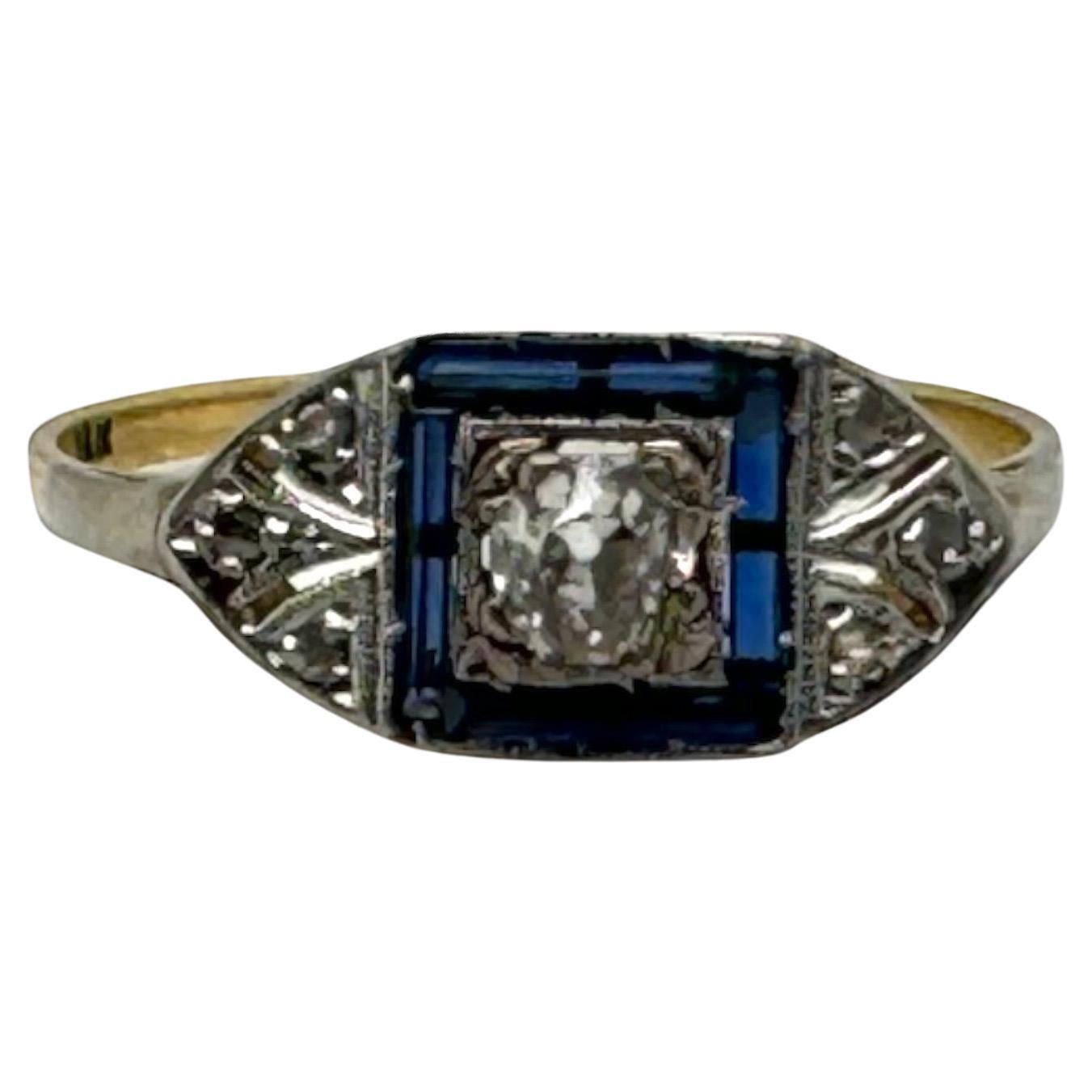 Dainty Sapphire & Diamond Art Deco Era Ring 18K Yellow White Gold For Sale