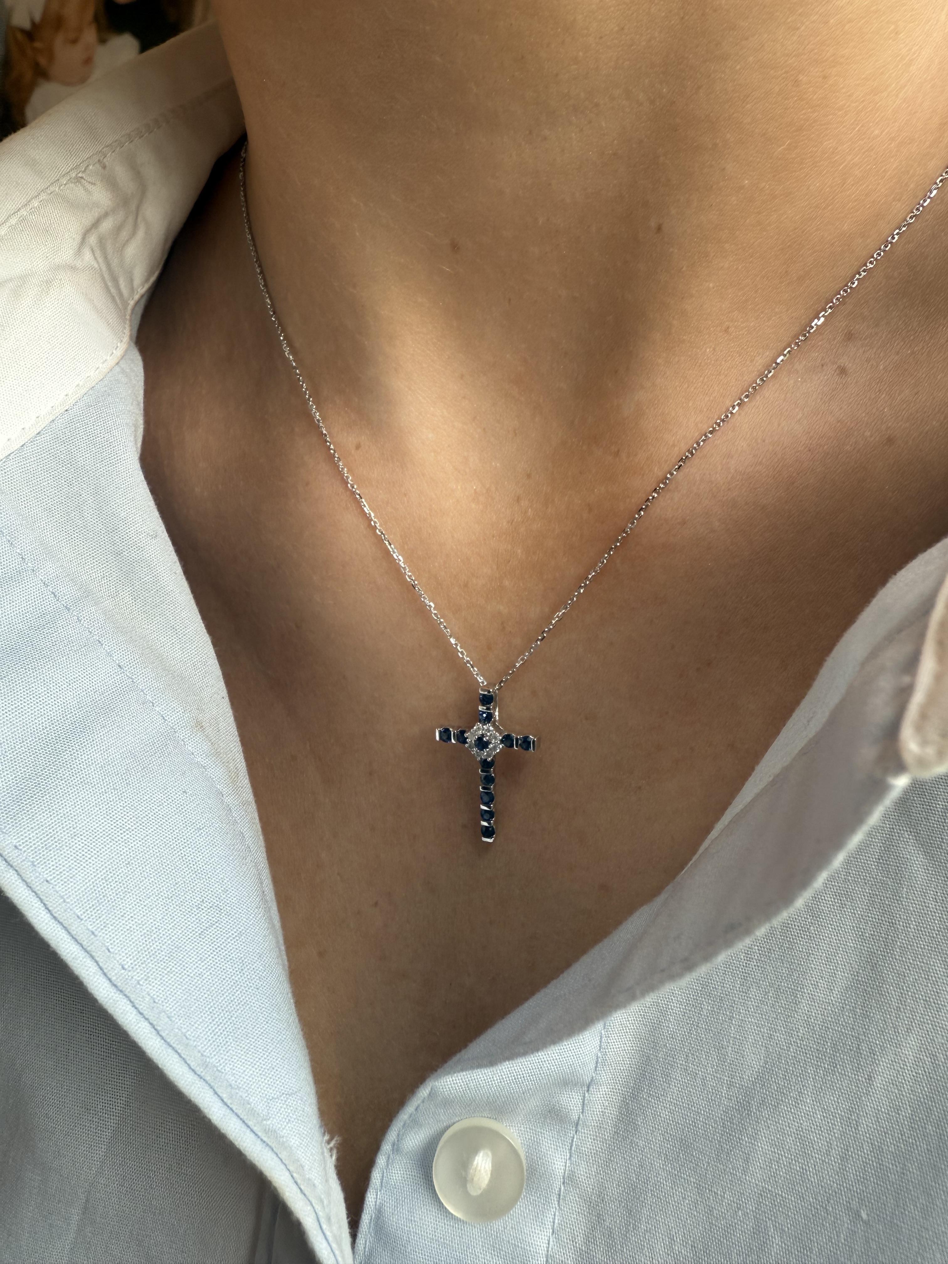 Contemporary Dainty Sapphire & Diamond Cross Necklace 14K White Gold For Sale