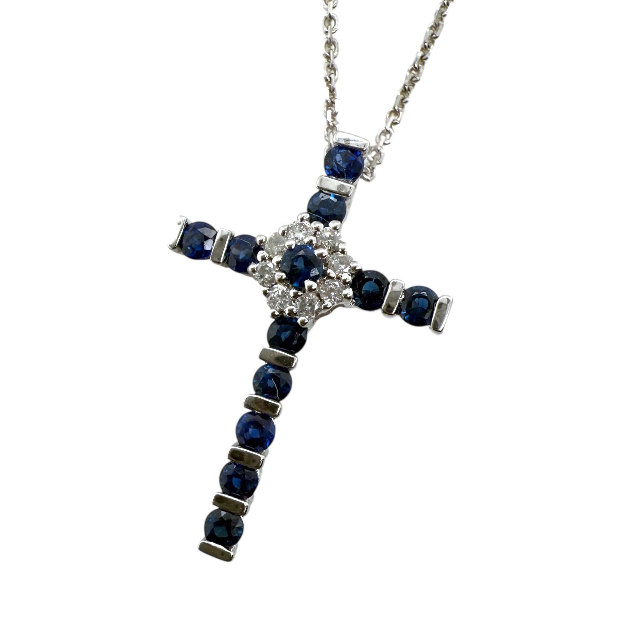 Round Cut Dainty Sapphire & Diamond Cross Necklace 14K White Gold For Sale