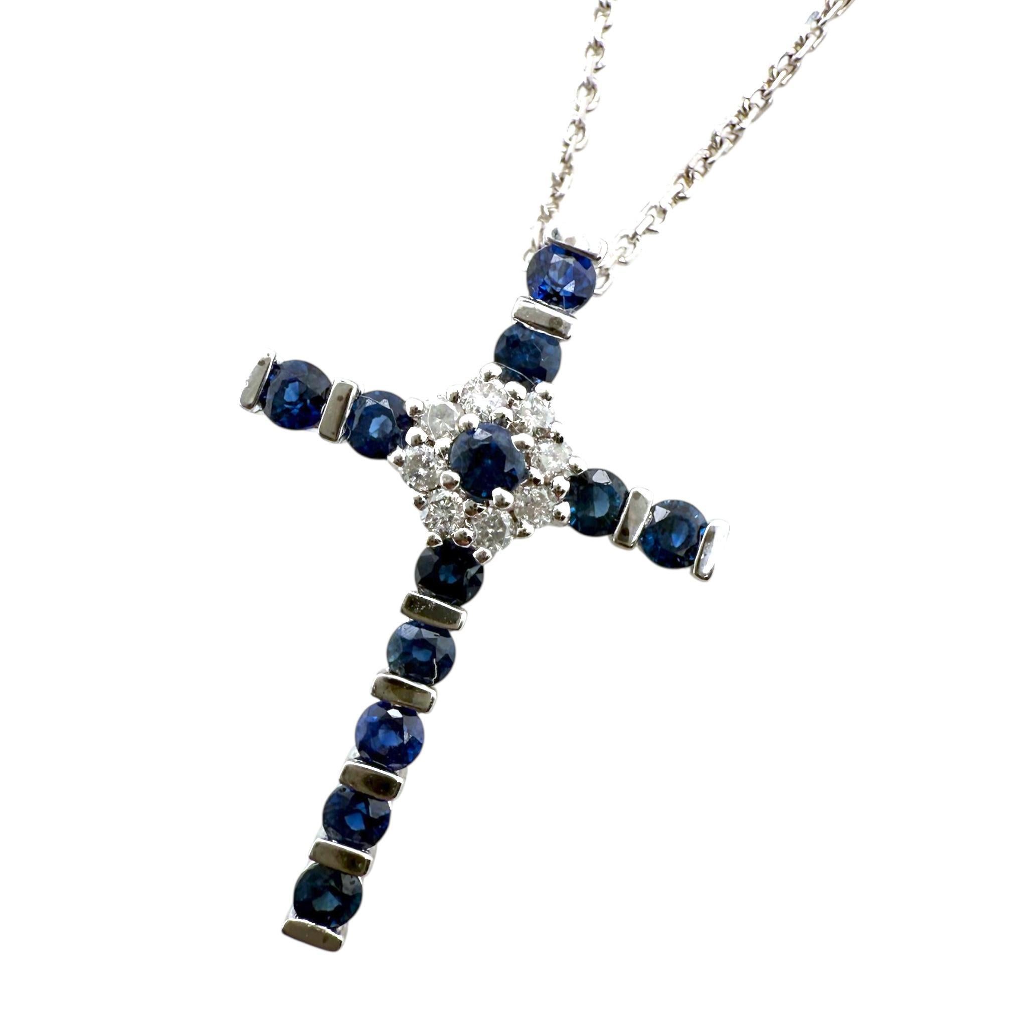 Dainty Sapphire & Diamond Cross Necklace 14K White Gold In Excellent Condition For Sale In Montgomery, AL