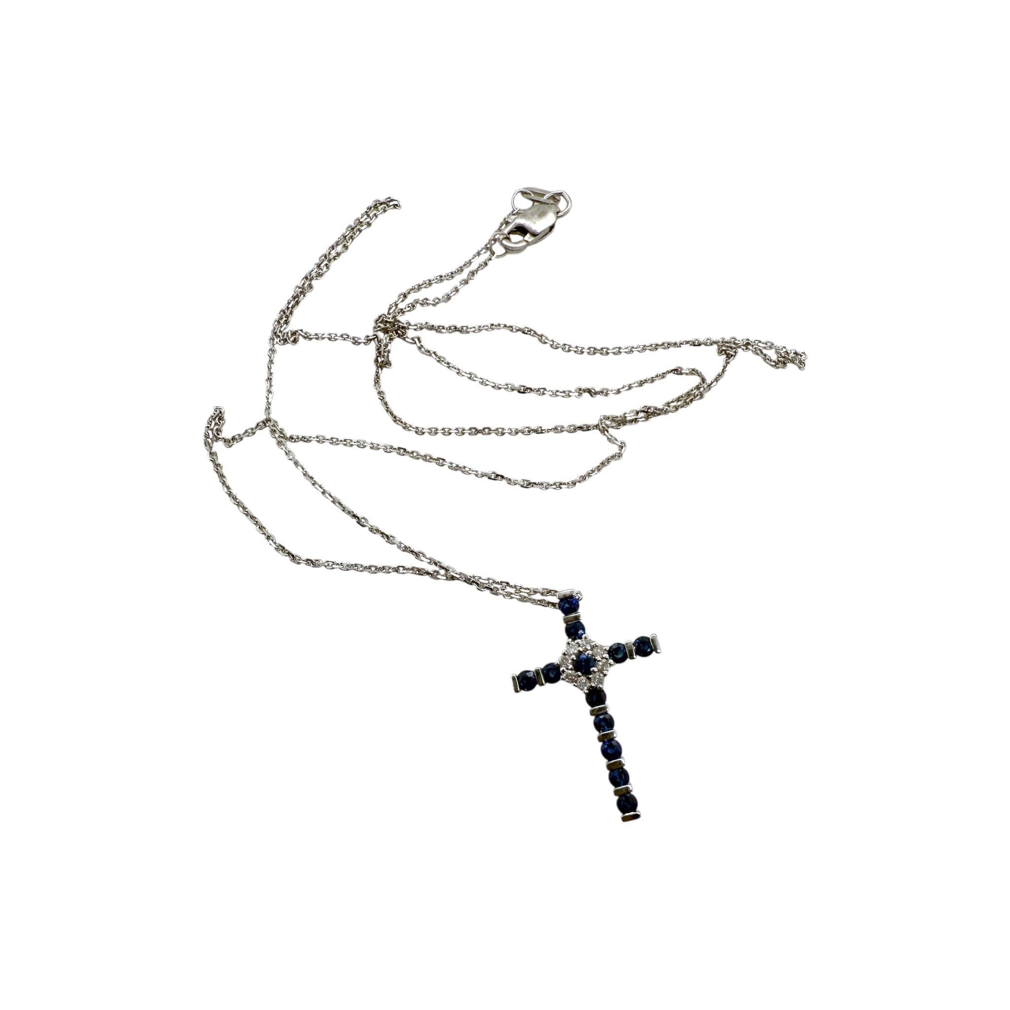 Women's Dainty Sapphire & Diamond Cross Necklace 14K White Gold For Sale