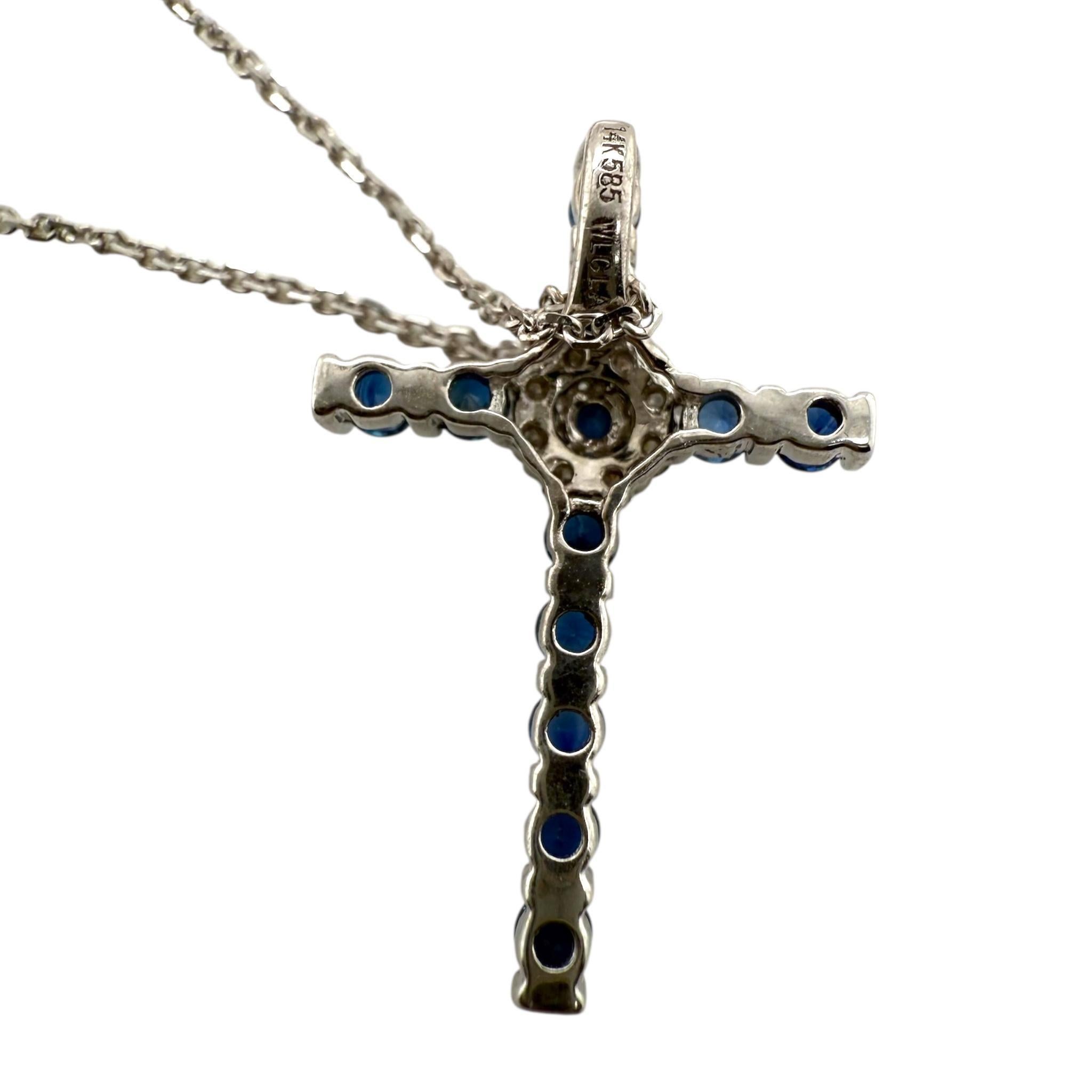 Dainty Sapphire & Diamond Cross Necklace 14K White Gold For Sale 1